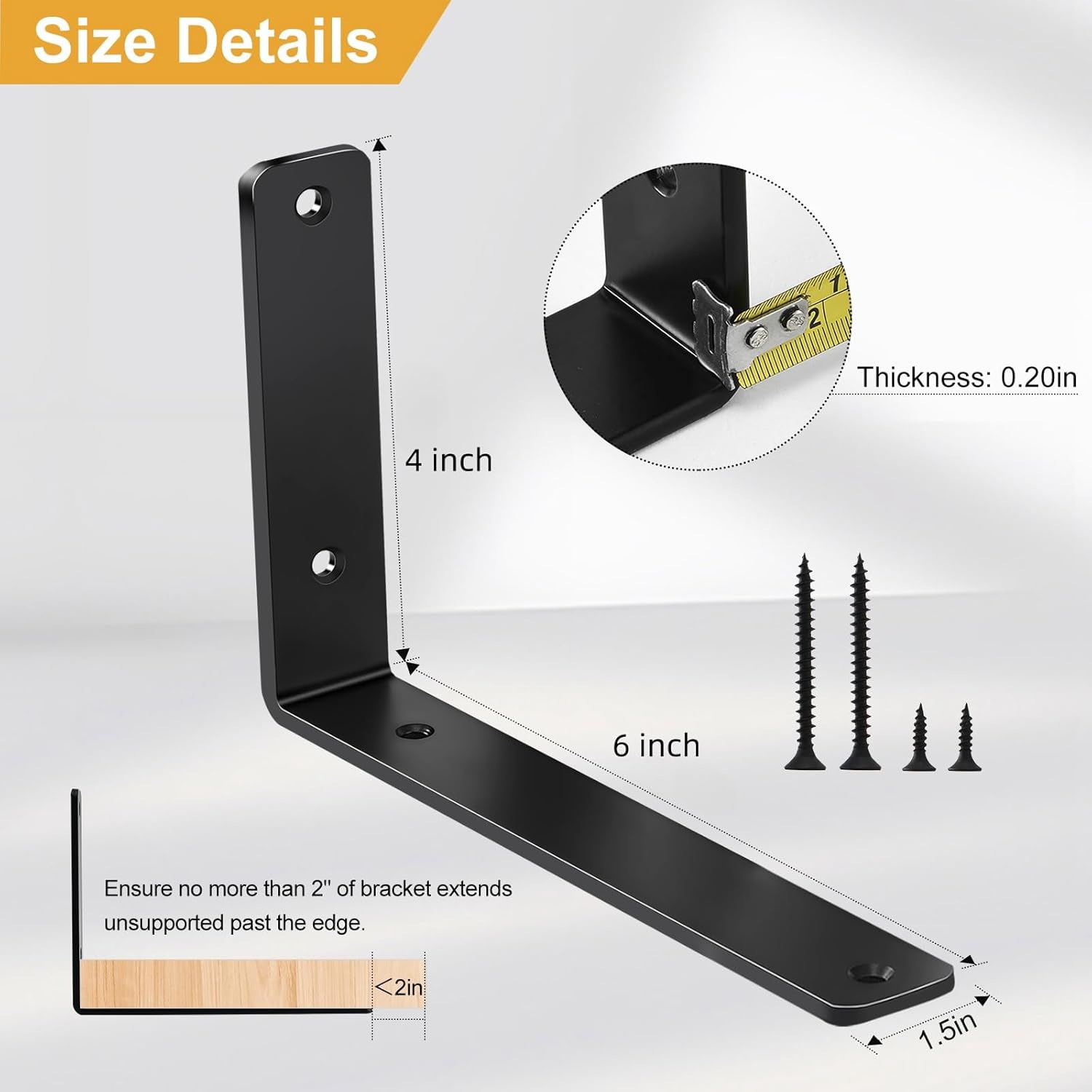 4 Pack - L 6" x H 4" x W1.5, 5mm Thick Black L Shelf Bracket, Iron Shelf Brackets, Metal Shelf Brackets, Floating Shelf, Shelf Supports with Screws - Image 2