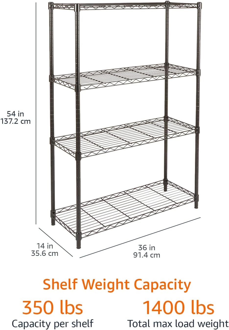 Amazon Basics 4-Shelf Adjustable Heavy Duty Steel Wire Rack Storage Shelving, Sturdy Garage Shelving, 350 lbs Capacity Per Shelf, Easy No-Tool Assembly, 36" x 14" x 54", Black | Heavy Duty, Adjustable, for Kitchen, Garage, Storage, Shelving Organizer - Image 3
