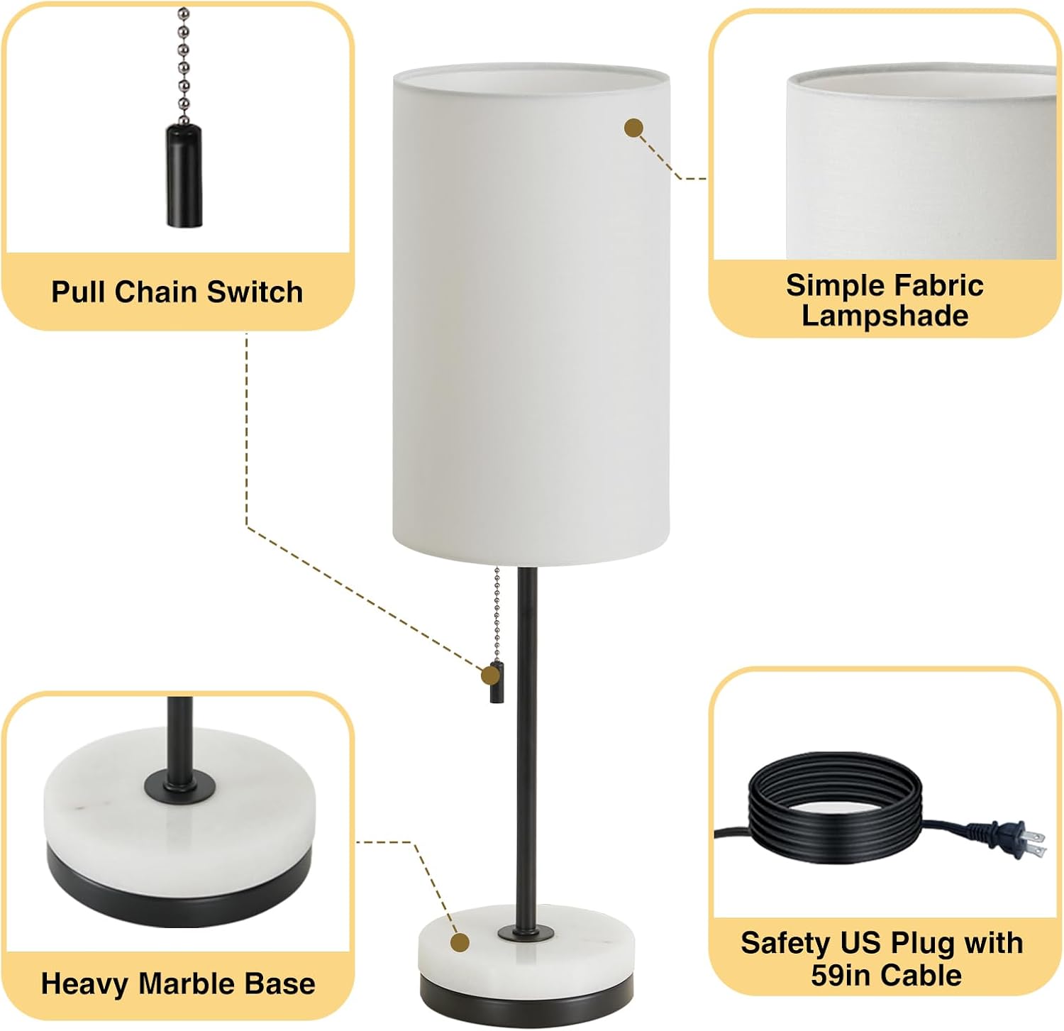 Luvkczc 18" Minimalist Table Lamp Set of 2, Nightstand Lamp for Bedroom Living Room, Modern Pull Chain Bedside Lamp with Marble Base, Fabric Shade, Small Desk Lamp for Home, Office, Reading - Image 5
