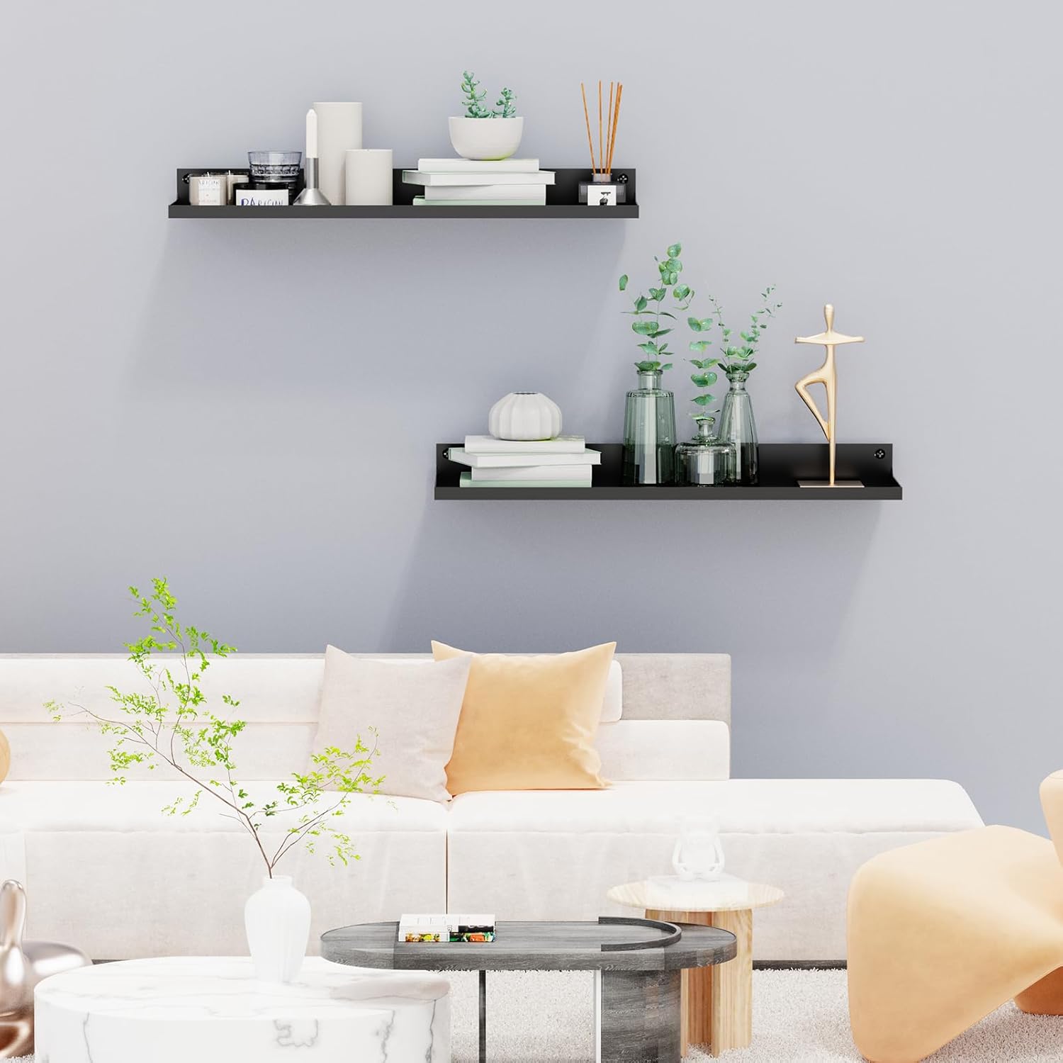 PEKGRIL 4 Pack Metal Floating Shelves, 17x6 Inch Large Wall Mounted Shelf for Storage, Black Kids Bookshelf, Display Ledge Shelves with Lip for Bathroom, Bedroom, Living Room, Bathroom, Kitchen - Image 8