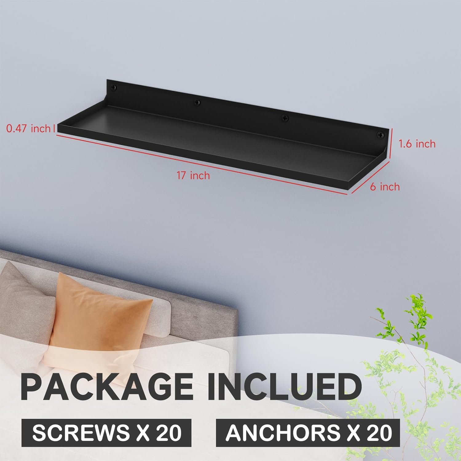 PEKGRIL 4 Pack Metal Floating Shelves, 17x6 Inch Large Wall Mounted Shelf for Storage, Black Kids Bookshelf, Display Ledge Shelves with Lip for Bathroom, Bedroom, Living Room, Bathroom, Kitchen - Image 3
