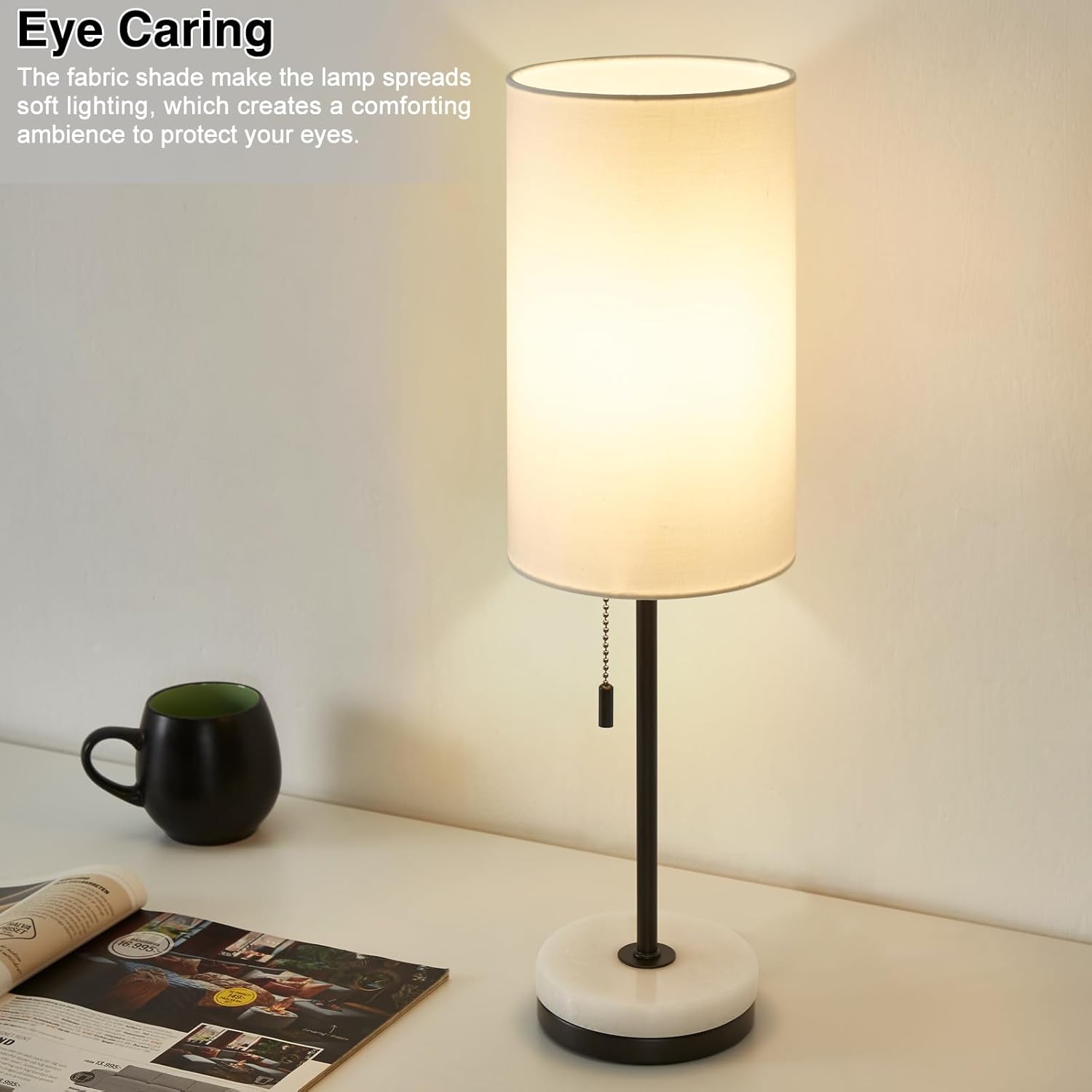 Luvkczc 18" Minimalist Table Lamp Set of 2, Nightstand Lamp for Bedroom Living Room, Modern Pull Chain Bedside Lamp with Marble Base, Fabric Shade, Small Desk Lamp for Home, Office, Reading - Image 7