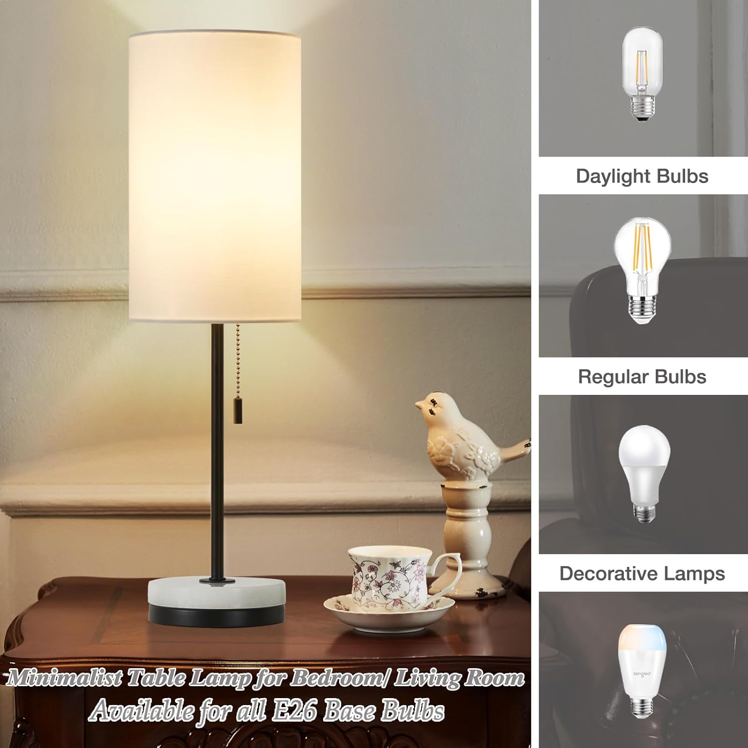 Luvkczc 18" Minimalist Table Lamp Set of 2, Nightstand Lamp for Bedroom Living Room, Modern Pull Chain Bedside Lamp with Marble Base, Fabric Shade, Small Desk Lamp for Home, Office, Reading - Image 6