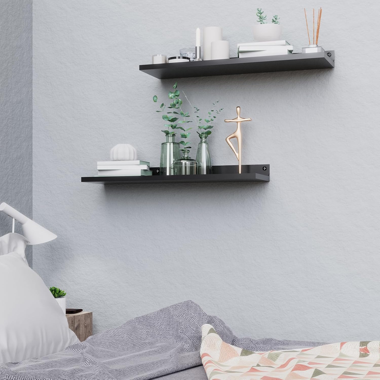 PEKGRIL 4 Pack Metal Floating Shelves, 17x6 Inch Large Wall Mounted Shelf for Storage, Black Kids Bookshelf, Display Ledge Shelves with Lip for Bathroom, Bedroom, Living Room, Bathroom, Kitchen - Image 2