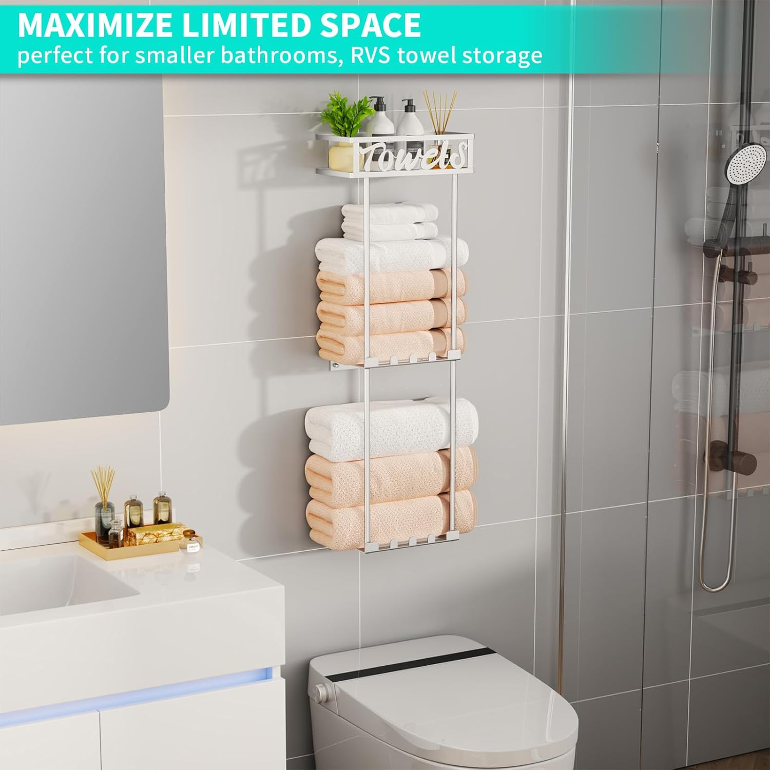 HapiRm Towel Rack Bathroom Storage - 3 Tier Over The Door & Wall Mounted Rolled Towel Racks Holder Organizer with Metal Shelf and 6 Hooks for Small Bathroom, Camper, Rv - Sliver - Image 5