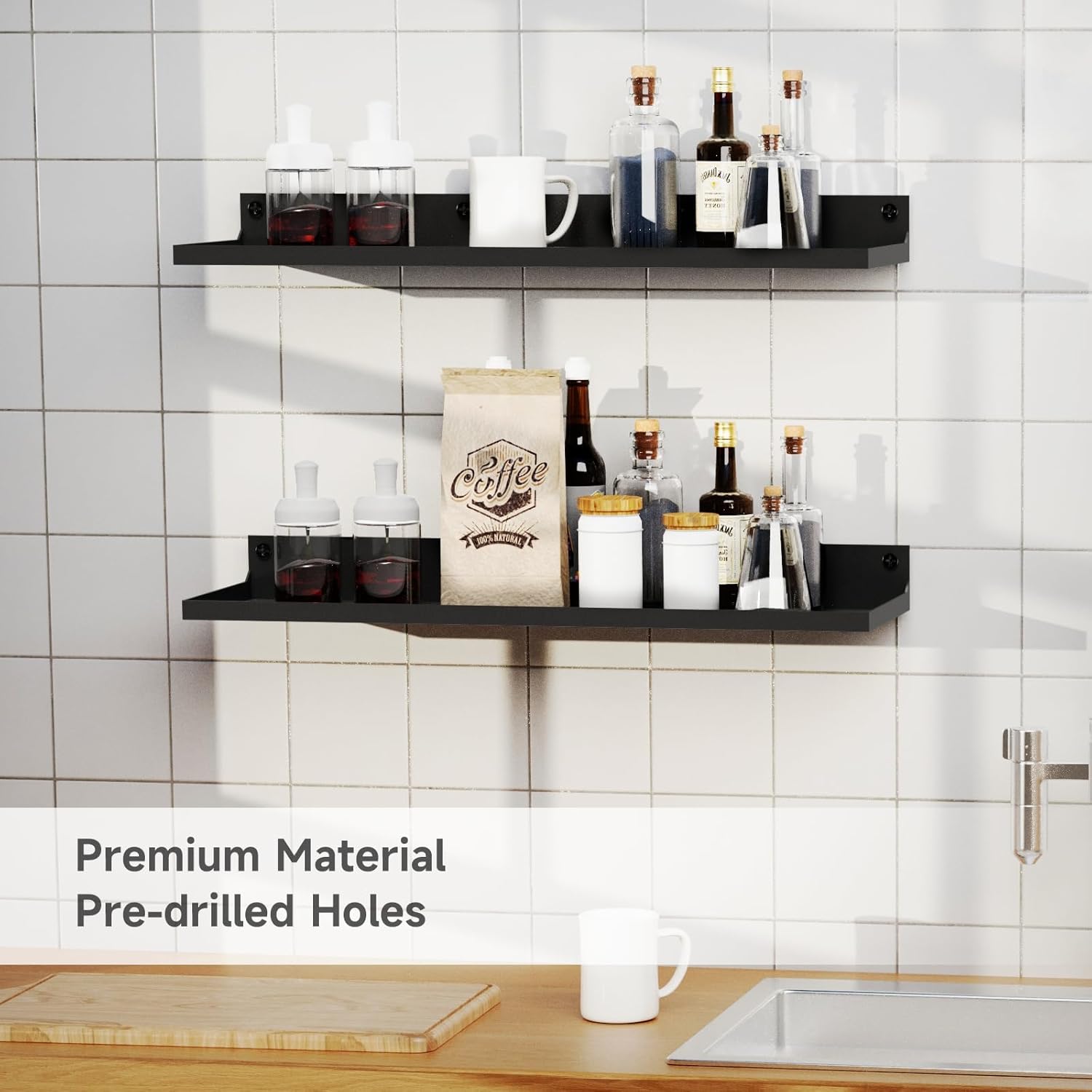 PEKGRIL 4 Pack Metal Floating Shelves, 17x6 Inch Large Wall Mounted Shelf for Storage, Black Kids Bookshelf, Display Ledge Shelves with Lip for Bathroom, Bedroom, Living Room, Bathroom, Kitchen - Image 6