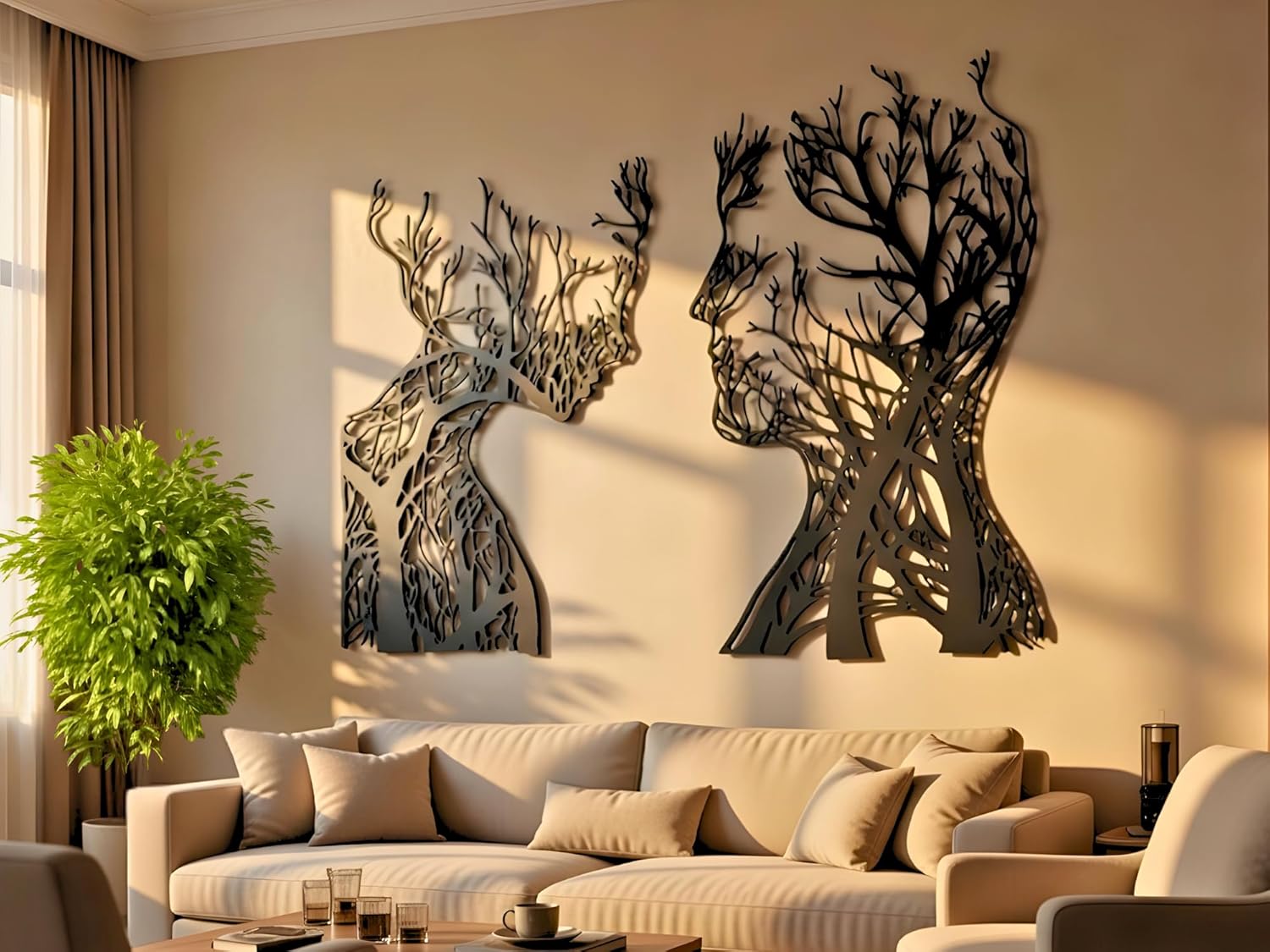 VAILLA Tree of Life Wooden Wall Art Abstract Tree Man Woman Face Large 3D Wooden Wall Decor Set of 2 Hanging Sculpture Modern Home Decoration 3D Textured Sculptures for Living Room Bedroom Office Dinnig Room (Face 2)
