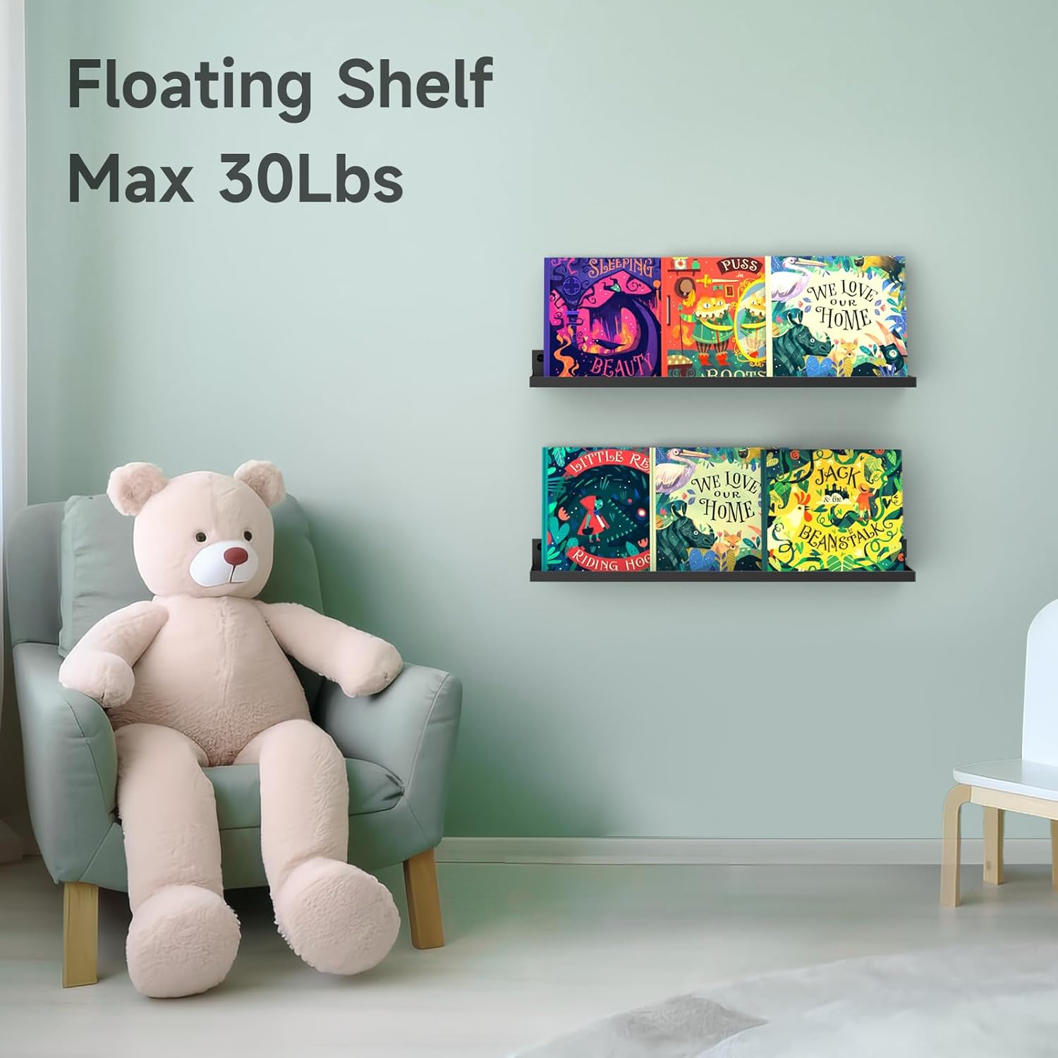 PEKGRIL 4 Pack Metal Floating Shelves, 17x6 Inch Large Wall Mounted Shelf for Storage, Black Kids Bookshelf, Display Ledge Shelves with Lip for Bathroom, Bedroom, Living Room, Bathroom, Kitchen - Image 5