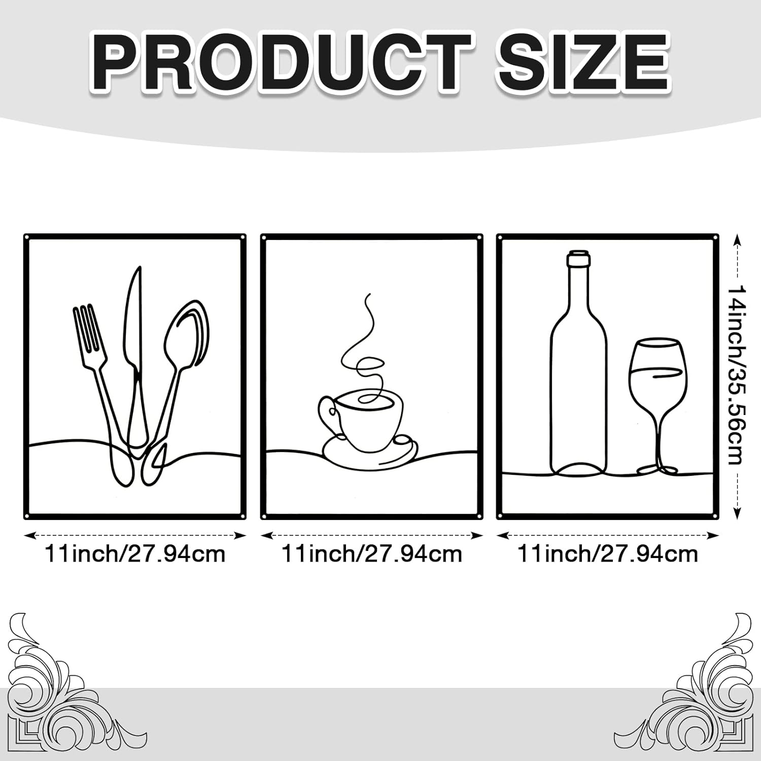 Otoolling 3 Pieces Metal Minimalist Line Kitchen Signs Wall Decor Drawing Rustic Kitchen Wall Art for Dining Living Room Home, 14 x 11 Inches(Dining Room,Black) - Image 2