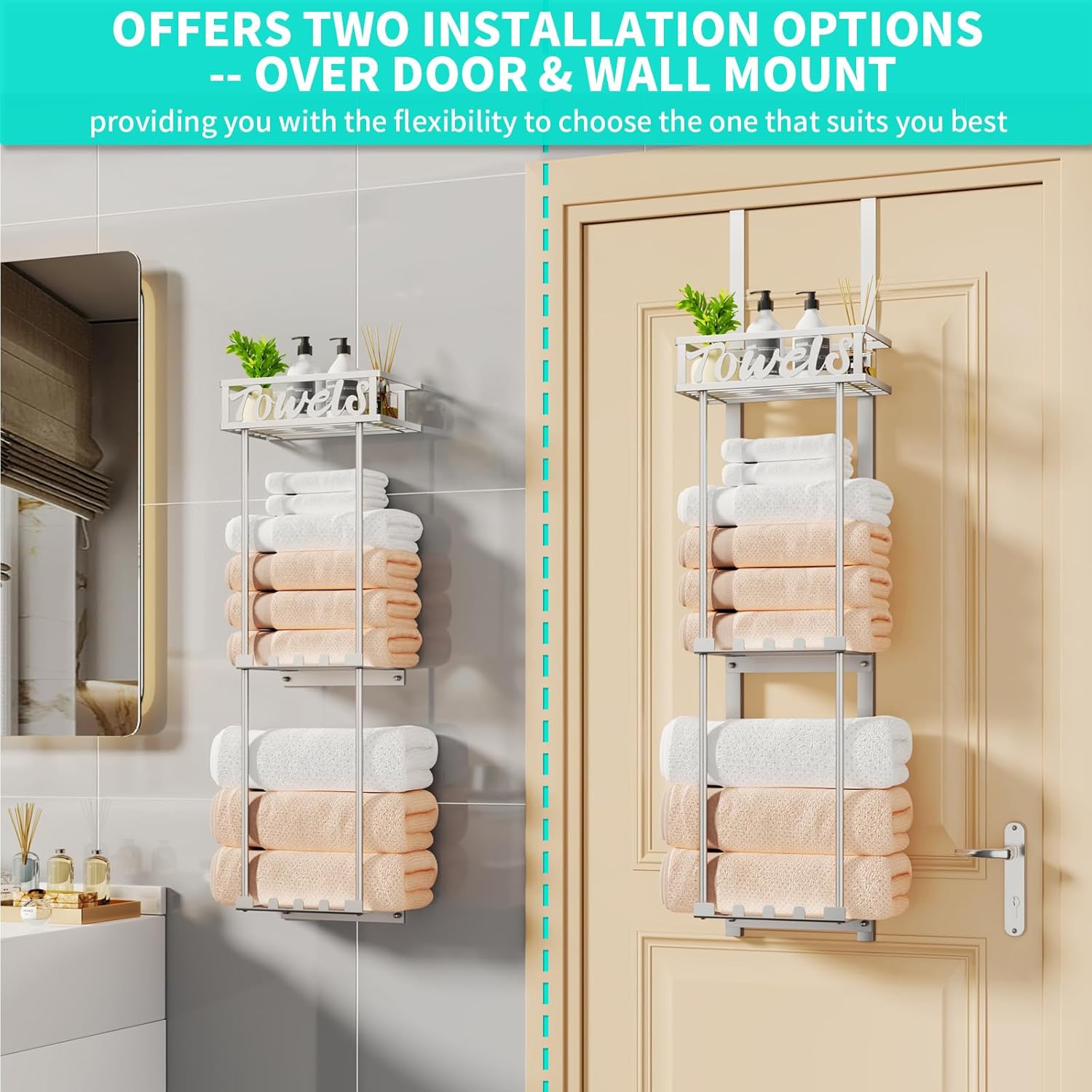 HapiRm Towel Rack Bathroom Storage - 3 Tier Over The Door & Wall Mounted Rolled Towel Racks Holder Organizer with Metal Shelf and 6 Hooks for Small Bathroom, Camper, Rv - Sliver - Image 2