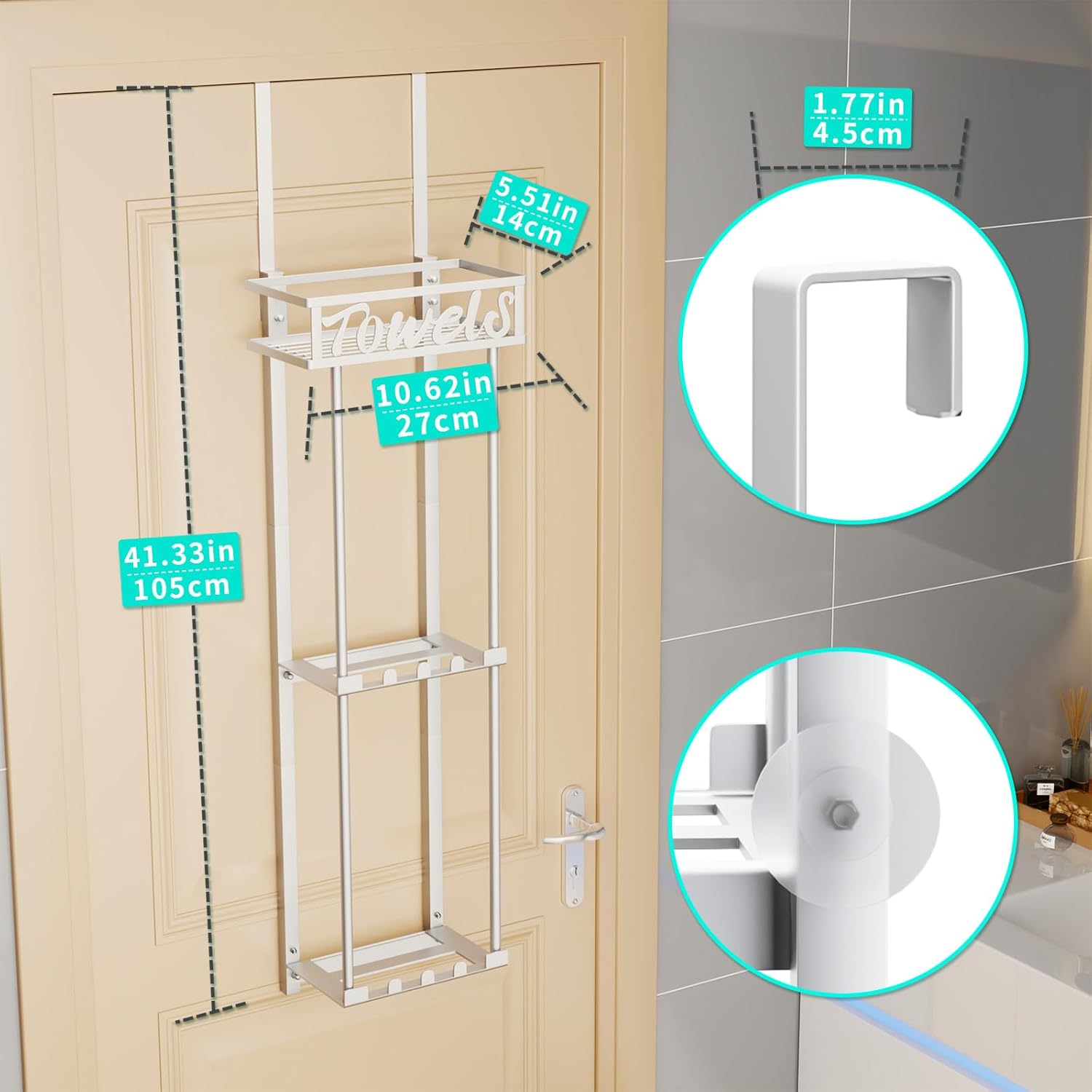 HapiRm Towel Rack Bathroom Storage - 3 Tier Over The Door & Wall Mounted Rolled Towel Racks Holder Organizer with Metal Shelf and 6 Hooks for Small Bathroom, Camper, Rv - Sliver - Image 7