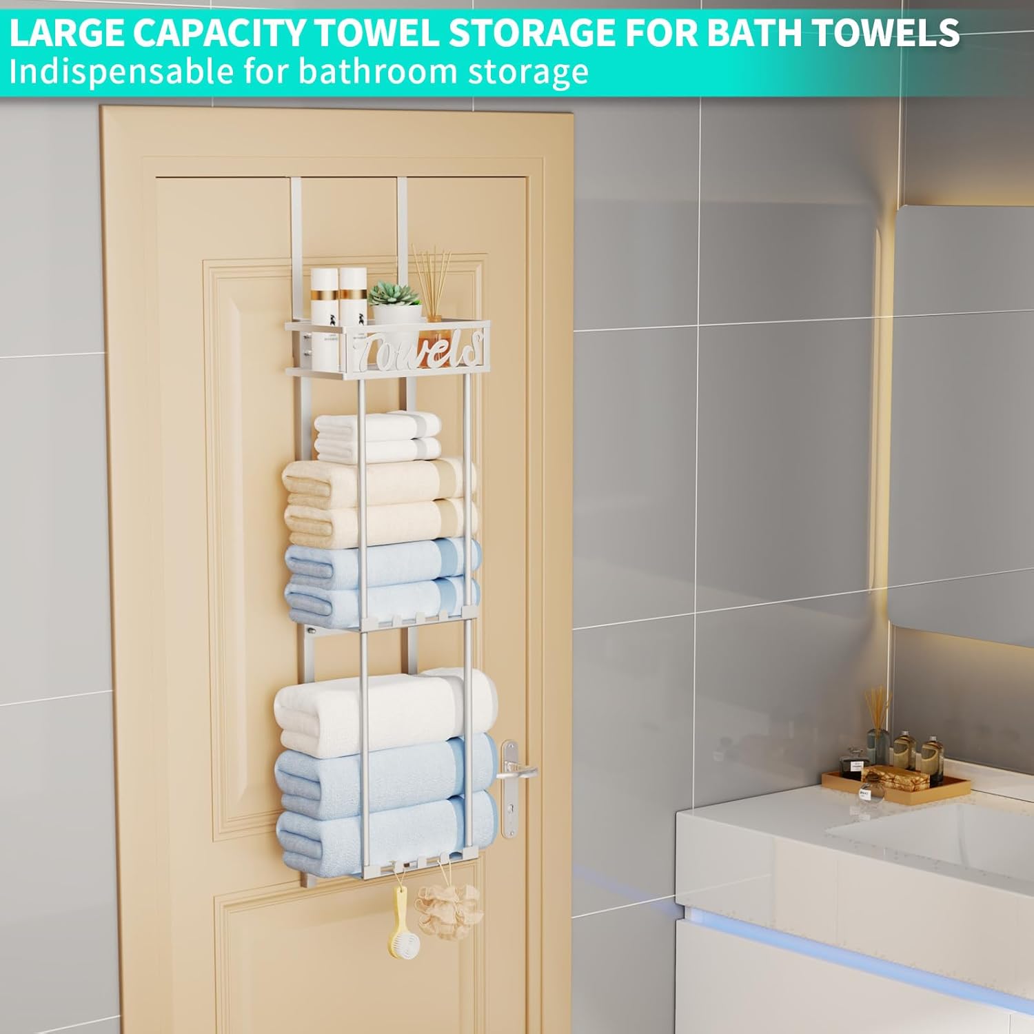 HapiRm Towel Rack Bathroom Storage - 3 Tier Over The Door & Wall Mounted Rolled Towel Racks Holder Organizer with Metal Shelf and 6 Hooks for Small Bathroom, Camper, Rv - Sliver - Image 3