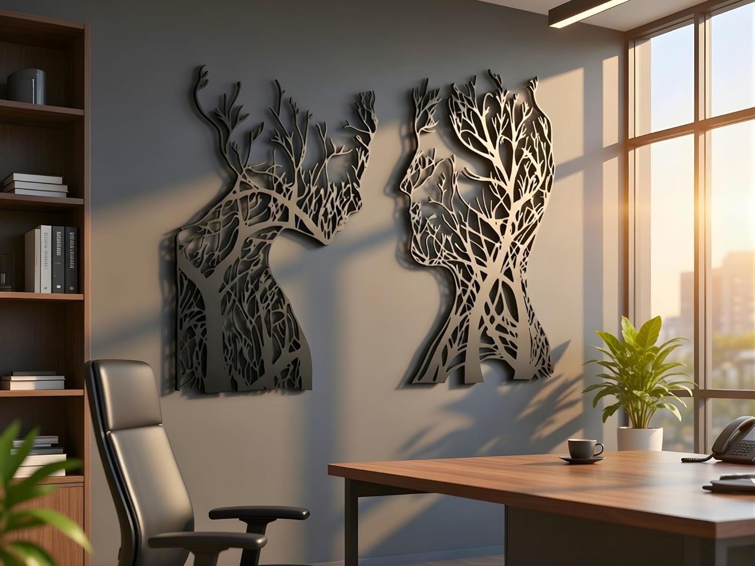 VAILLA Tree of Life Wooden Wall Art Abstract Tree Man Woman Face Large 3D Wooden Wall Decor Set of 2 Hanging Sculpture Modern Home Decoration 3D Textured Sculptures for Living Room Bedroom Office Dinnig Room (Face 2) - Image 2