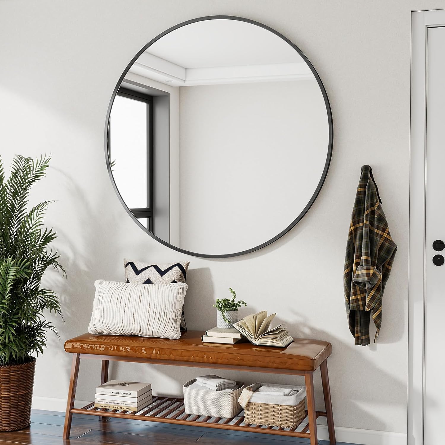 VooBang Large Black Round Bathroom Mirror, 48 inch Circle Wall Mounted Hanging Mirror with Simple Modern Circular Metal Frame for Hallway, Entryway, Living Room, Black Frame - Image 7