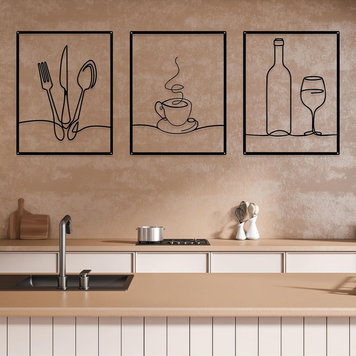 Otoolling 3 Pieces Metal Minimalist Line Kitchen Signs Wall Decor Drawing Rustic Kitchen Wall Art for Dining Living Room Home, 14 x 11 Inches(Dining Room,Black) - Image 4