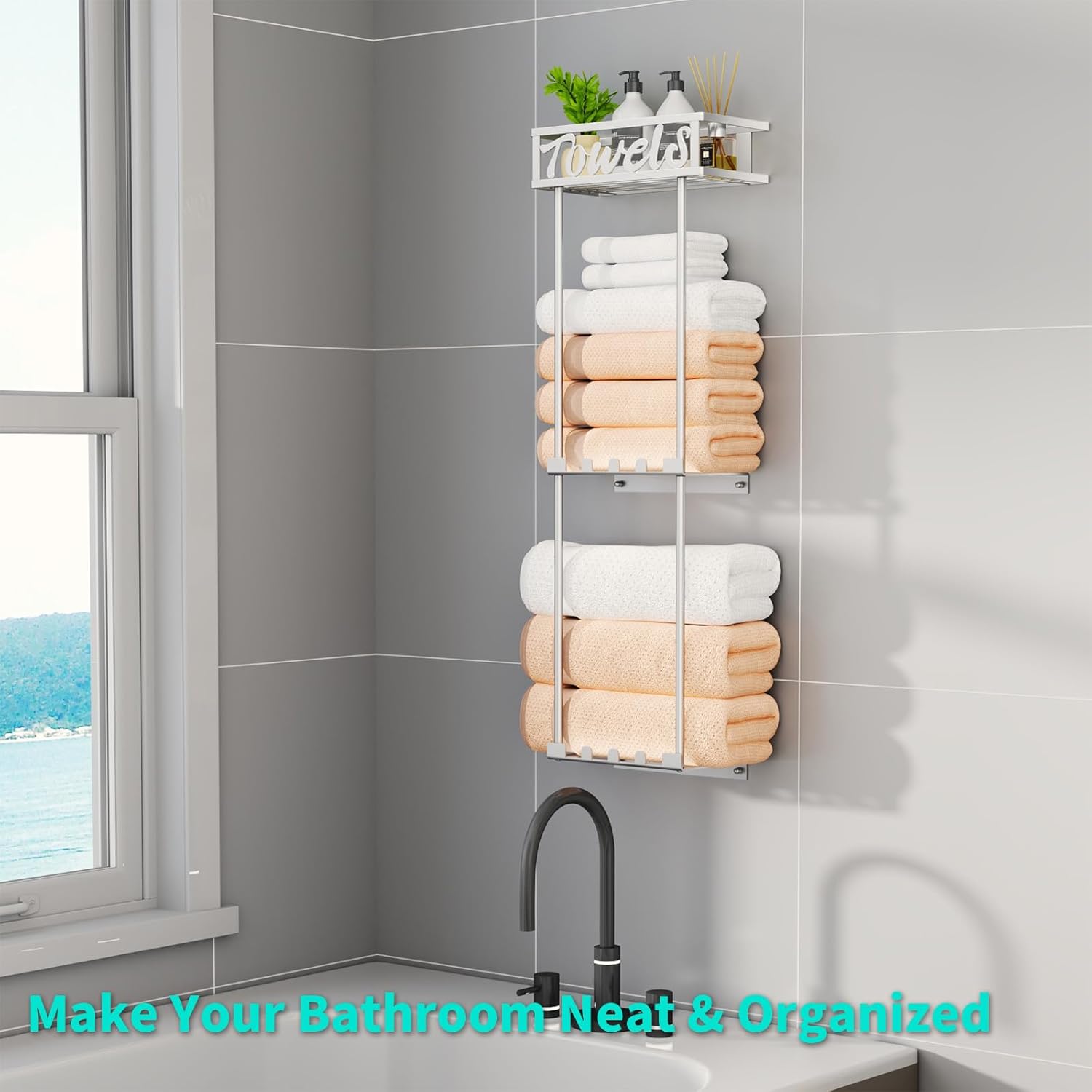 HapiRm Towel Rack Bathroom Storage - 3 Tier Over The Door & Wall Mounted Rolled Towel Racks Holder Organizer with Metal Shelf and 6 Hooks for Small Bathroom, Camper, Rv - Sliver - Image 6