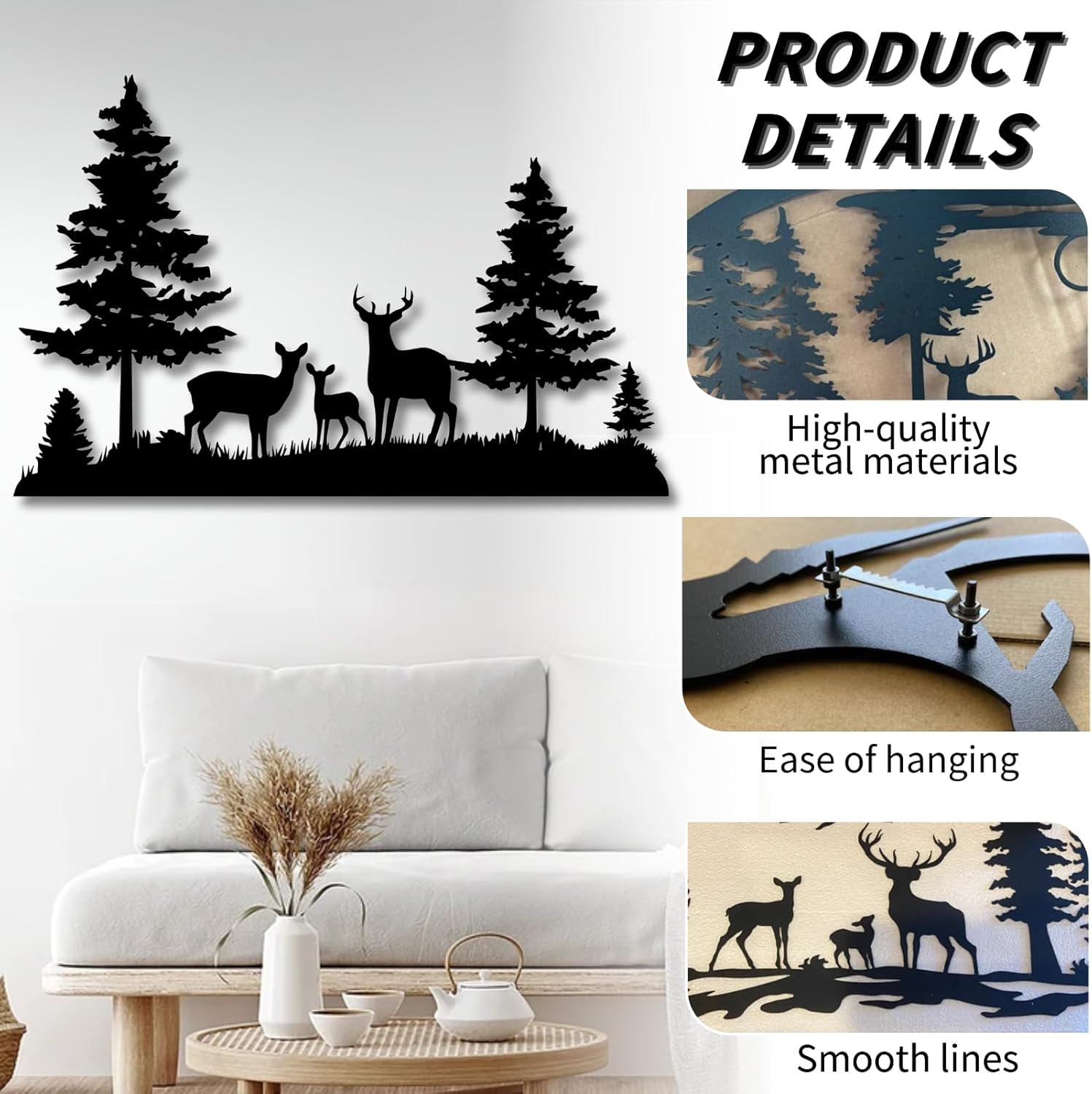 Mimiso Deer Metal Art Wall Decor,Forest Deer Wall Decor Deer Family Metal Wall Art,Large Wall Decor,Black Wall Decor,Wall Decorations for Living Room,Bedroom,Bathroom (19""×11""/47×29cm) - Image 5
