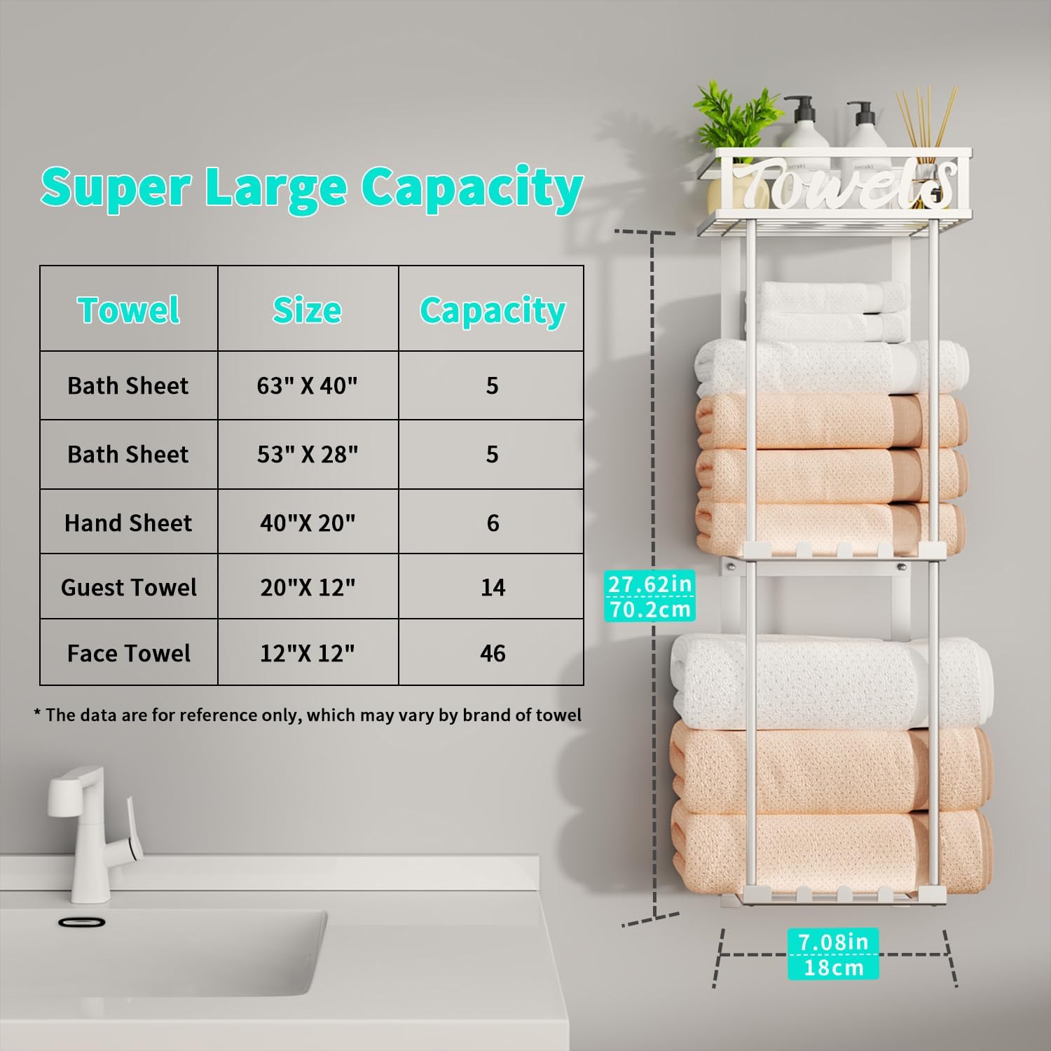 HapiRm Towel Rack Bathroom Storage - 3 Tier Over The Door & Wall Mounted Rolled Towel Racks Holder Organizer with Metal Shelf and 6 Hooks for Small Bathroom, Camper, Rv - Sliver - Image 8