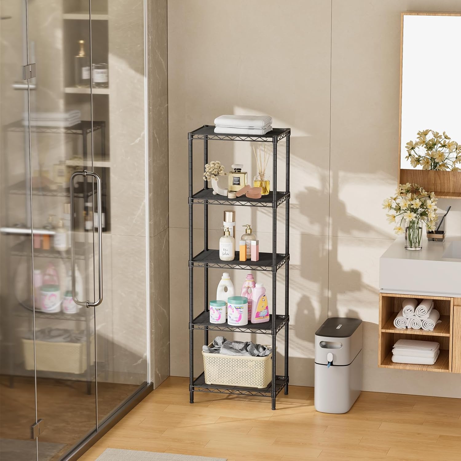 SINGAYE Metal Shelves Wire Shelving:Storage Rack Standing Units Shelf for Kitchen Laundry Bathroom Closet Organizers Pantry Narrow Mesh Adjustable 10" D x 16" W x 55" H Black - Image 9