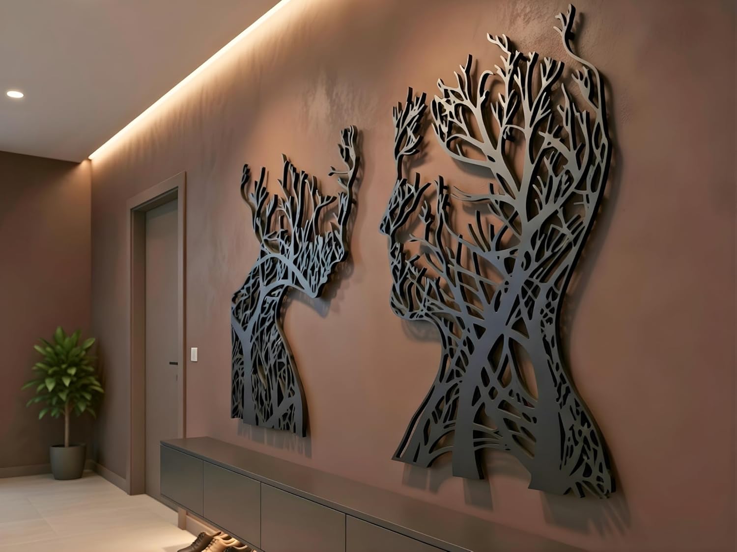 VAILLA Tree of Life Wooden Wall Art Abstract Tree Man Woman Face Large 3D Wooden Wall Decor Set of 2 Hanging Sculpture Modern Home Decoration 3D Textured Sculptures for Living Room Bedroom Office Dinnig Room (Face 2) - Image 8