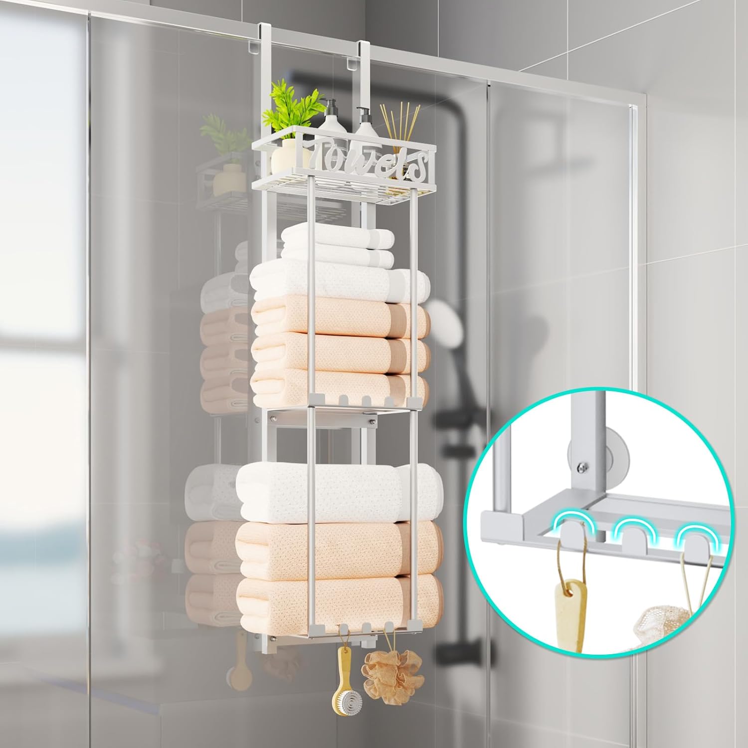 HapiRm Towel Rack Bathroom Storage - 3 Tier Over The Door & Wall Mounted Rolled Towel Racks Holder Organizer with Metal Shelf and 6 Hooks for Small Bathroom, Camper, Rv - Sliver - Image 4