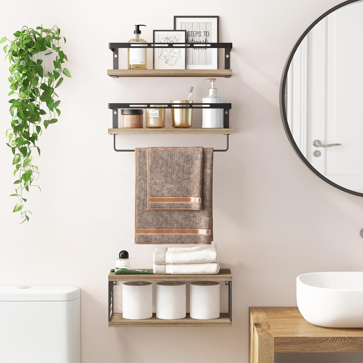 Fixwal 3+1 Bathroom Shelves Over Toilet, Floating Shelves Wall Mounted with Metal Frame and Towel Bar for Bathroom, Kitchen, Bedroom, Living Room (Rustic Brown) - Image 2