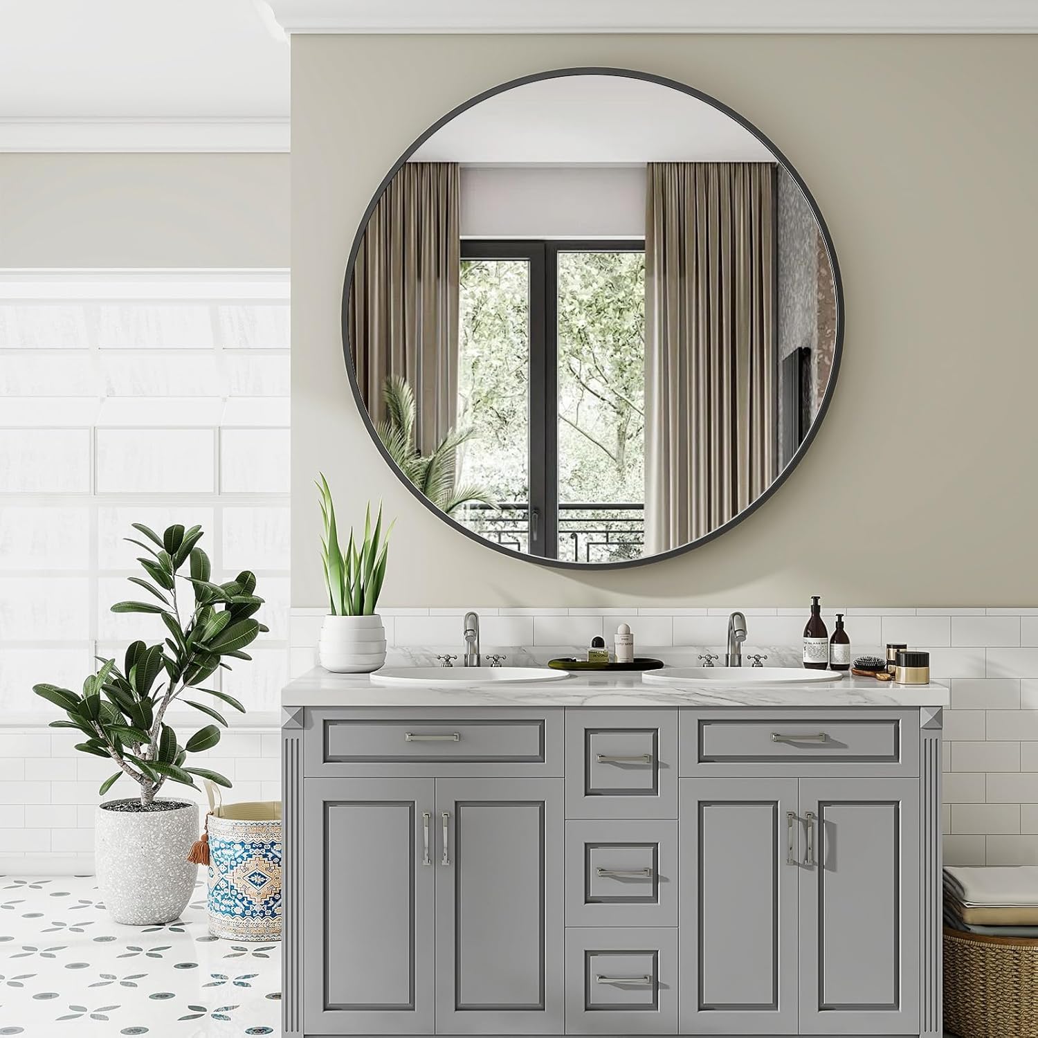 VooBang Large Black Round Bathroom Mirror, 48 inch Circle Wall Mounted Hanging Mirror with Simple Modern Circular Metal Frame for Hallway, Entryway, Living Room, Black Frame - Image 6