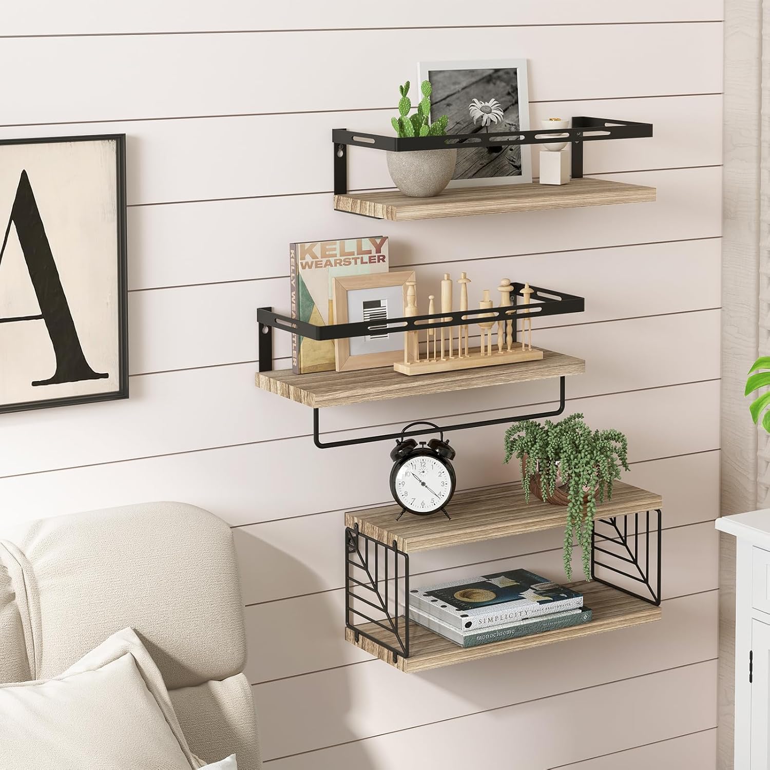 Fixwal 3+1 Bathroom Shelves Over Toilet, Floating Shelves Wall Mounted with Metal Frame and Towel Bar for Bathroom, Kitchen, Bedroom, Living Room (Rustic Brown) - Image 8