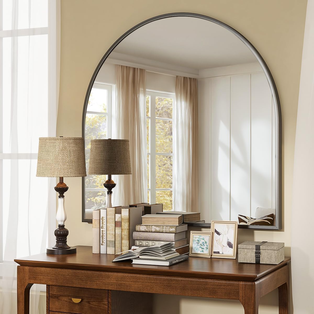 VooBang Wide Arched Wall Mirror, 31 x 32 inch Arch Bathroom Mirror, Wall Mounted Vanity Mirror with Arch Metal Frame, Modern Bathroom Vanity Mirror for Bedroom, Living Room, Hanging or Leaning, Black - Image 9