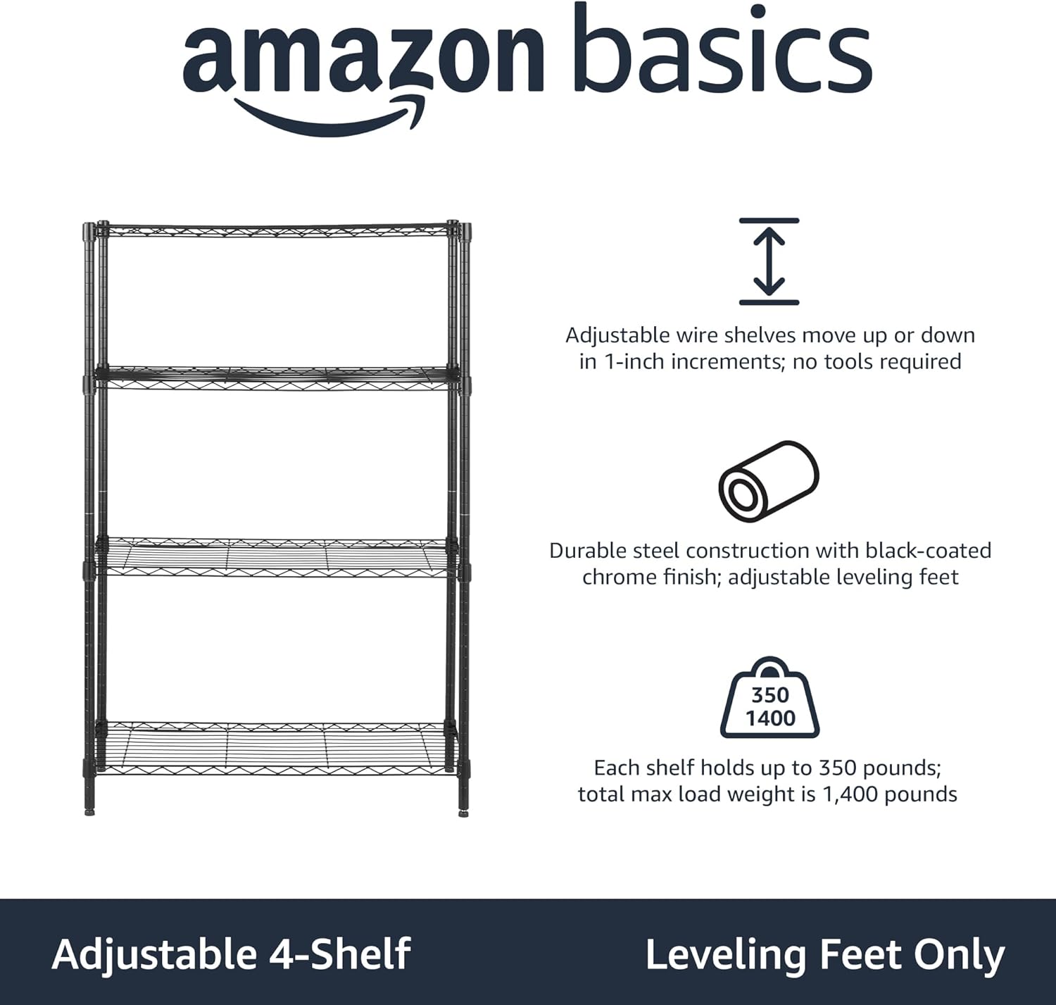 Amazon Basics 4-Shelf Adjustable Heavy Duty Steel Wire Rack Storage Shelving, Sturdy Garage Shelving, 350 lbs Capacity Per Shelf, Easy No-Tool Assembly, 36" x 14" x 54", Black | Heavy Duty, Adjustable, for Kitchen, Garage, Storage, Shelving Organizer - Image 4