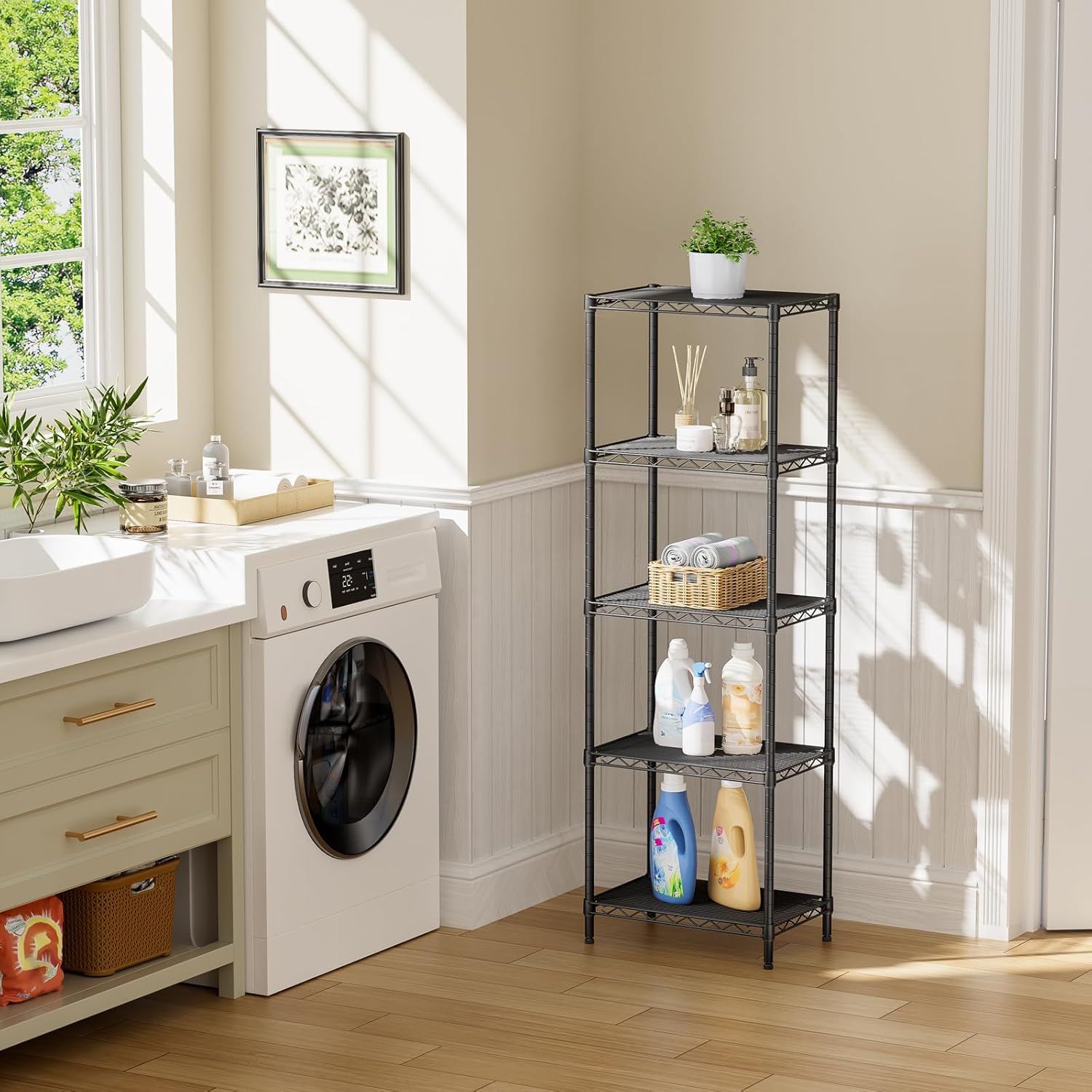 SINGAYE Metal Shelves Wire Shelving:Storage Rack Standing Units Shelf for Kitchen Laundry Bathroom Closet Organizers Pantry Narrow Mesh Adjustable 10" D x 16" W x 55" H Black - Image 8
