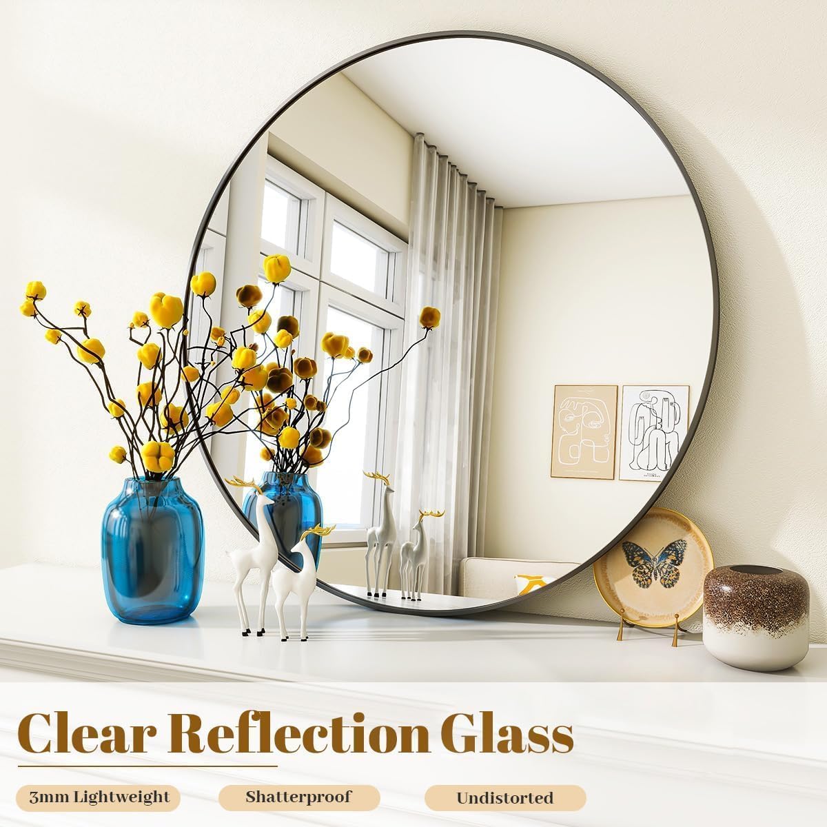 VooBang Large Black Round Bathroom Mirror, 48 inch Circle Wall Mounted Hanging Mirror with Simple Modern Circular Metal Frame for Hallway, Entryway, Living Room, Black Frame - Image 4