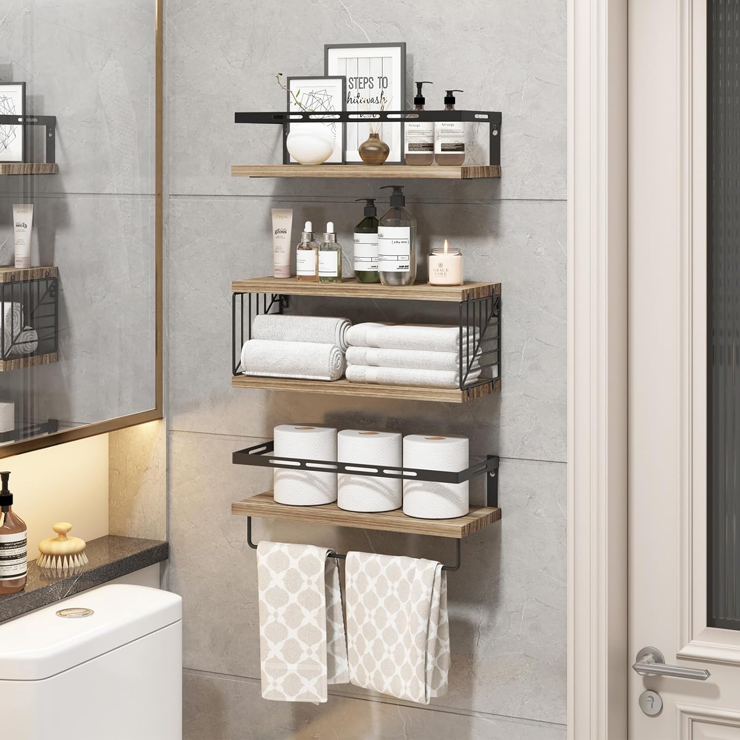 Fixwal 3+1 Bathroom Shelves Over Toilet, Floating Shelves Wall Mounted with Metal Frame and Towel Bar for Bathroom, Kitchen, Bedroom, Living Room (Rustic Brown) - Image 5