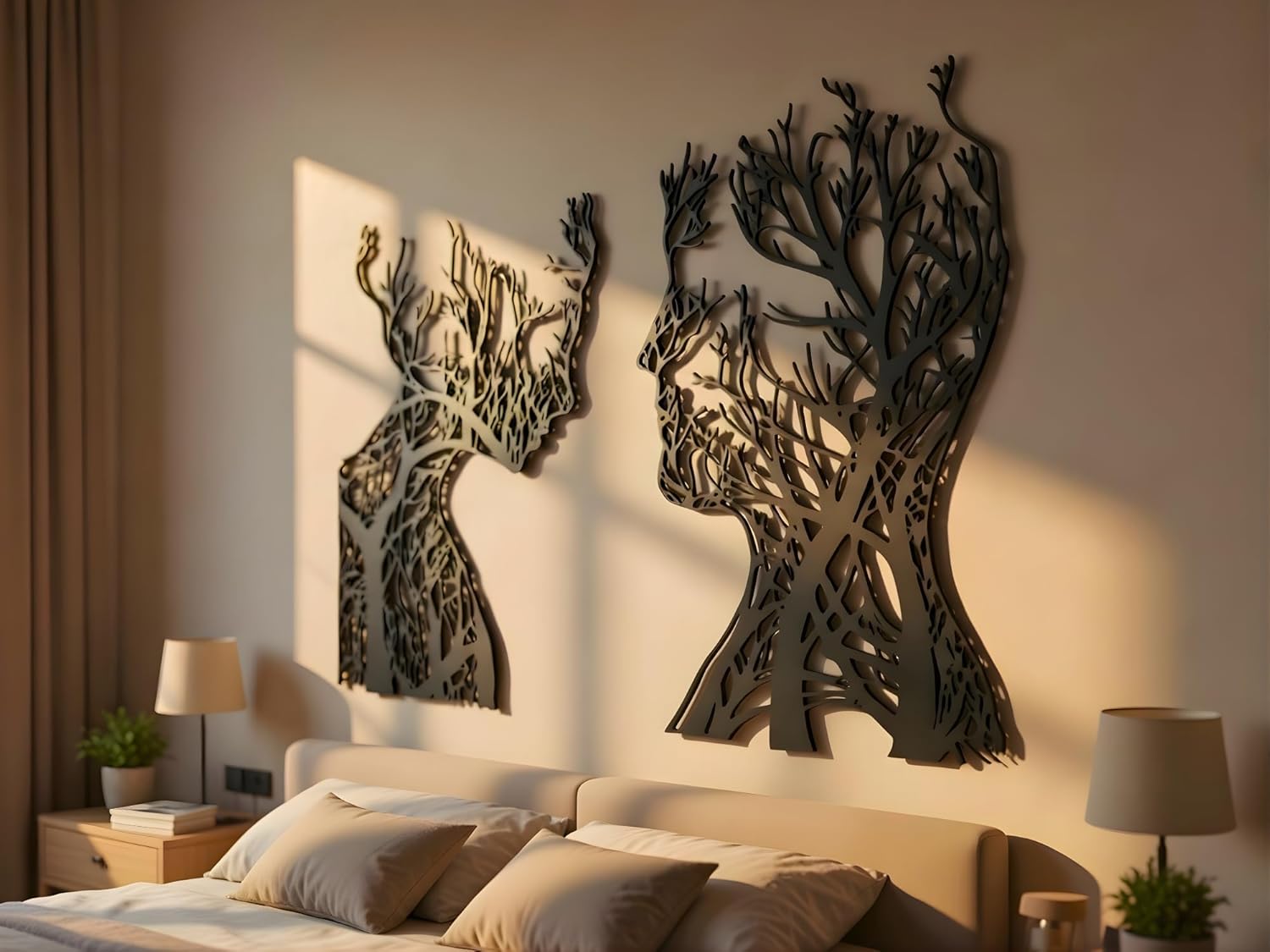 VAILLA Tree of Life Wooden Wall Art Abstract Tree Man Woman Face Large 3D Wooden Wall Decor Set of 2 Hanging Sculpture Modern Home Decoration 3D Textured Sculptures for Living Room Bedroom Office Dinnig Room (Face 2) - Image 9