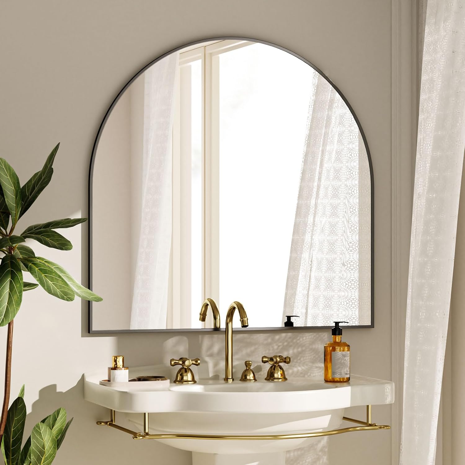 VooBang Wide Arched Wall Mirror, 31 x 32 inch Arch Bathroom Mirror, Wall Mounted Vanity Mirror with Arch Metal Frame, Modern Bathroom Vanity Mirror for Bedroom, Living Room, Hanging or Leaning, Black - Image 8