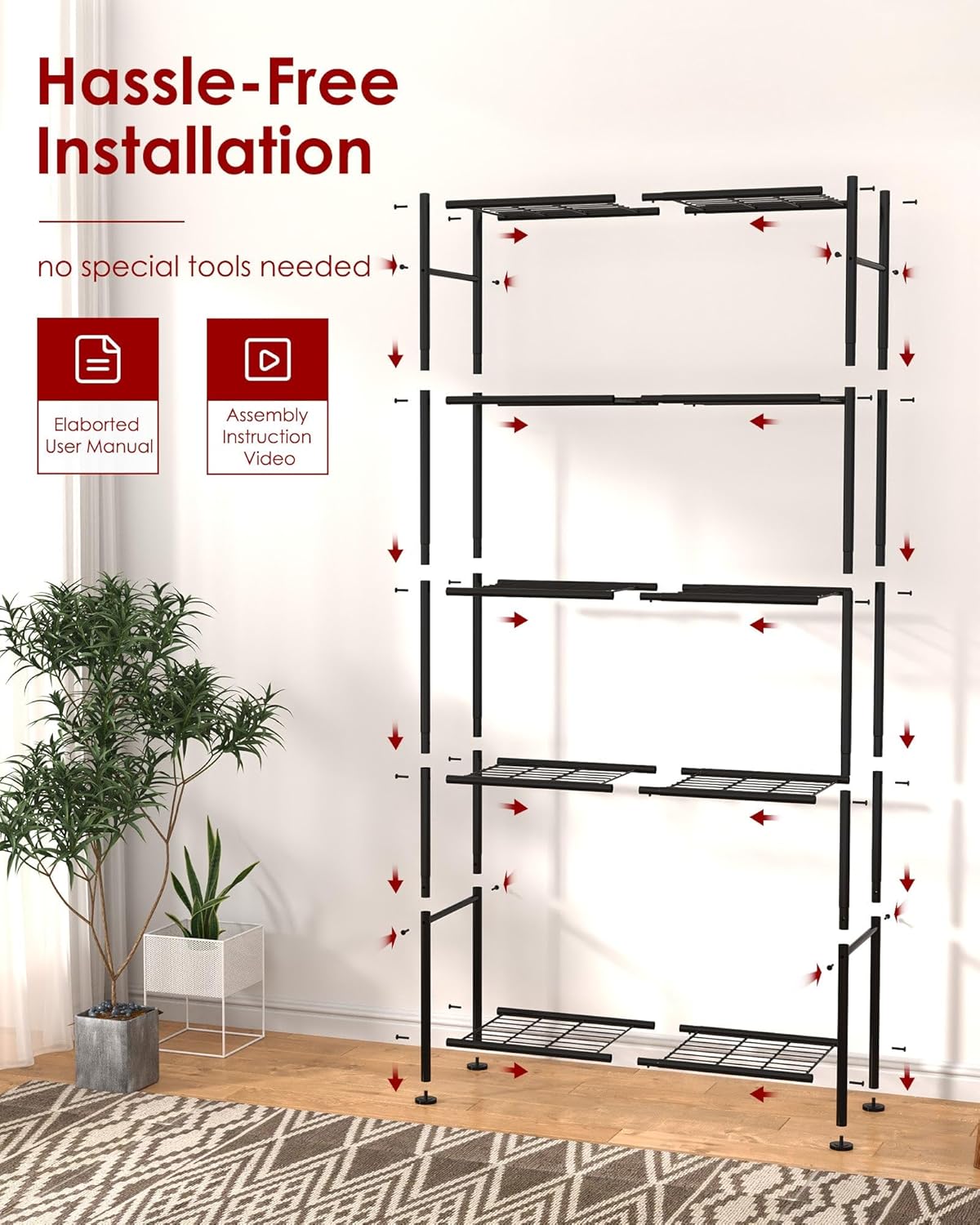 Storage Shelves - 5 Tier Shelf Organizer, Heavy Duty Garage Shelving Unit with Leveling Feet, Stable Metal Shelves Organizer for Pantry, Kitchen and Closet, 33.0" W x 12.6" D x 72.0" H, Black - Image 8
