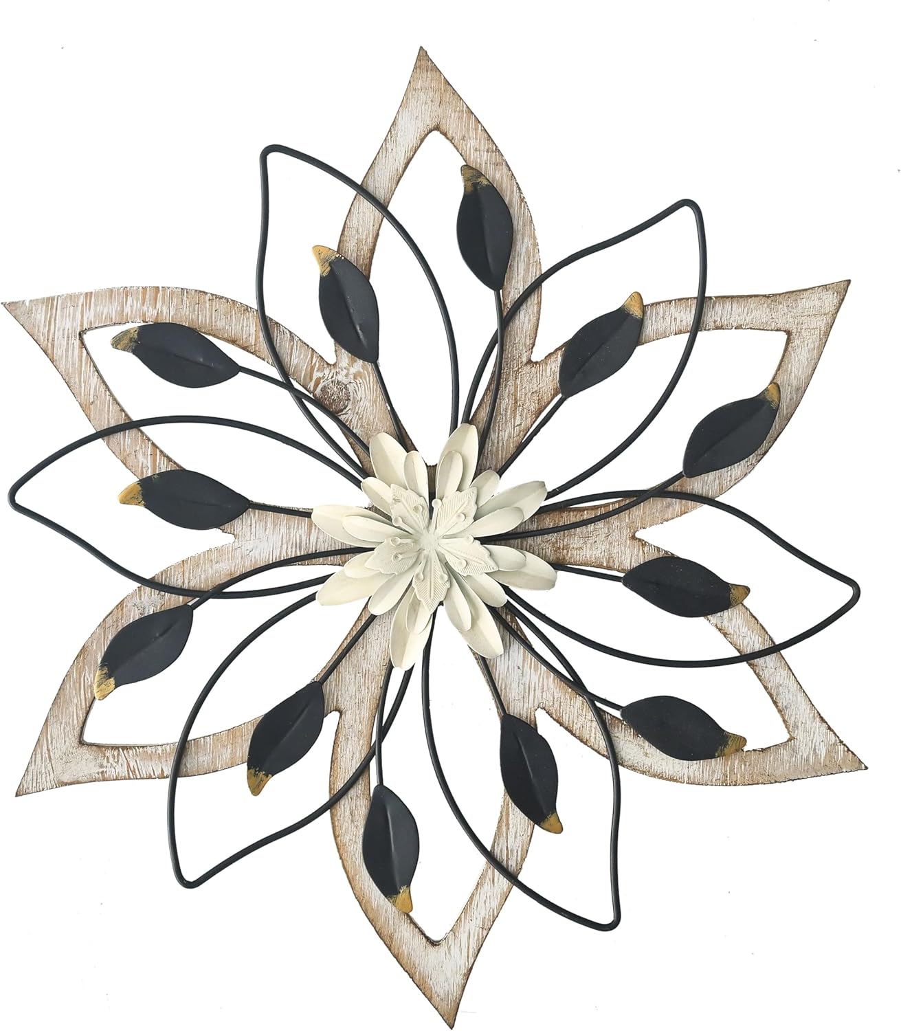 Remenna Whitewash Flowers Wood Wall Decor, Metal Rustic Wall Art Farmhouse Wall Decorations Multiple Floral Hanging Decor for Bathroom Living Room Home Office Garden Kitchen