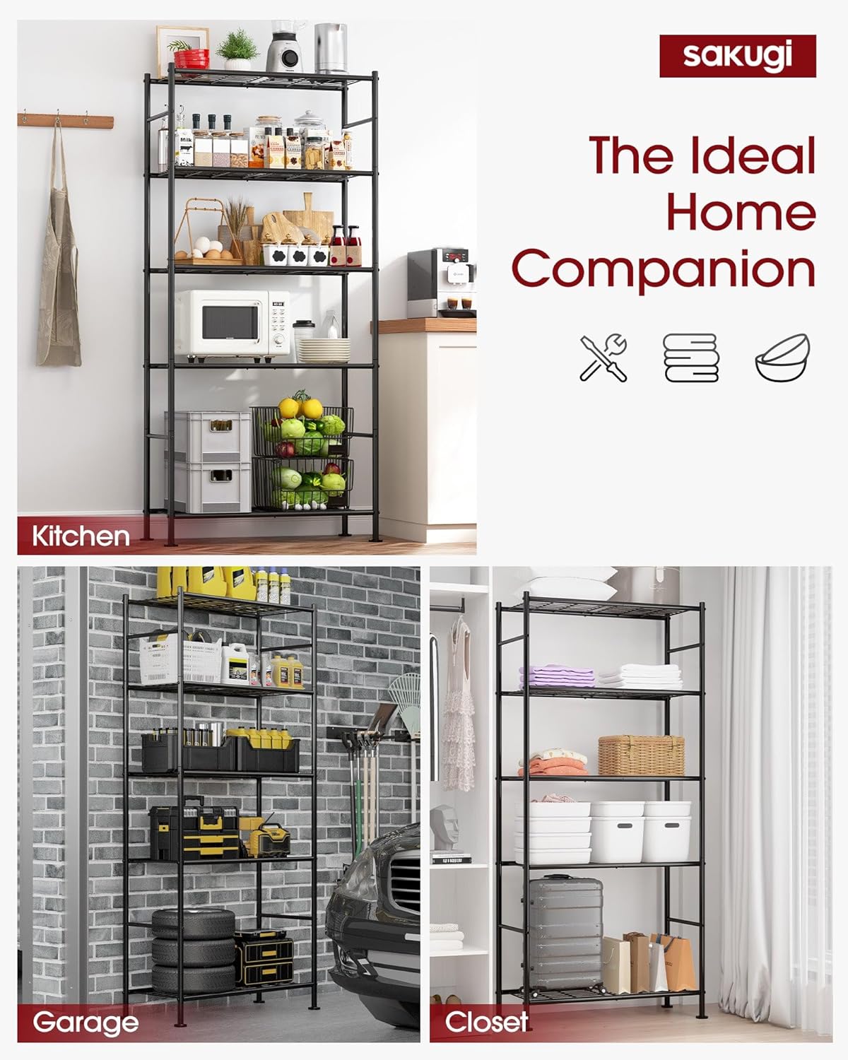 Storage Shelves - 5 Tier Shelf Organizer, Heavy Duty Garage Shelving Unit with Leveling Feet, Stable Metal Shelves Organizer for Pantry, Kitchen and Closet, 33.0" W x 12.6" D x 72.0" H, Black - Image 3