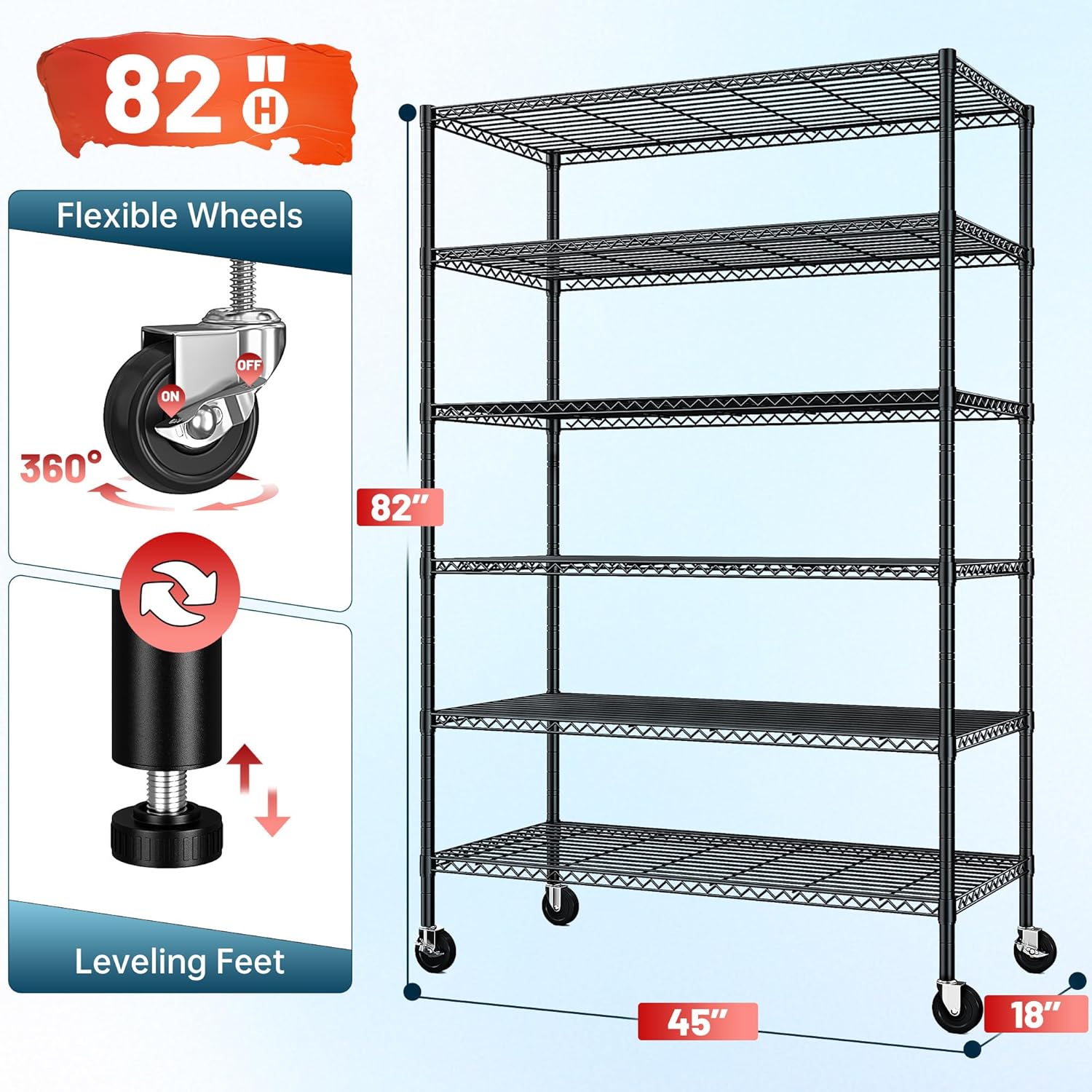 82" H X45 W X18 D Storage Shelves with Wheels, 6 Tier Wire Shelving Adjustable Metal Shelving Pantry Shelves Capacity 1200LBS for Garage Shelving, Pantry, Kitchen, Closet, Commercial, Black - Image 3
