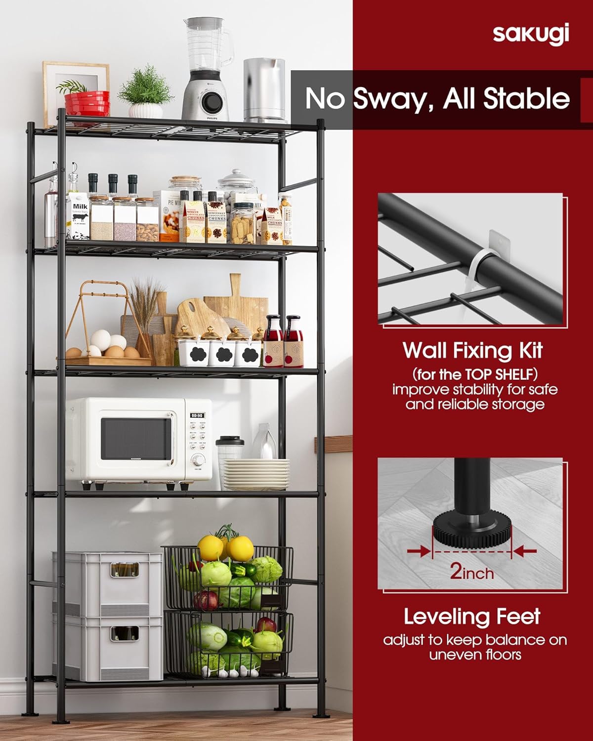 Storage Shelves - 5 Tier Shelf Organizer, Heavy Duty Garage Shelving Unit with Leveling Feet, Stable Metal Shelves Organizer for Pantry, Kitchen and Closet, 33.0" W x 12.6" D x 72.0" H, Black - Image 7