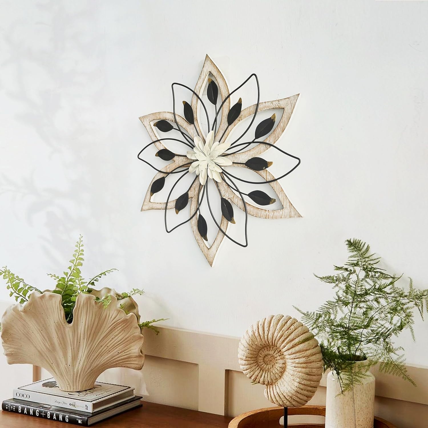 Remenna Whitewash Flowers Wood Wall Decor, Metal Rustic Wall Art Farmhouse Wall Decorations Multiple Floral Hanging Decor for Bathroom Living Room Home Office Garden Kitchen - Image 6