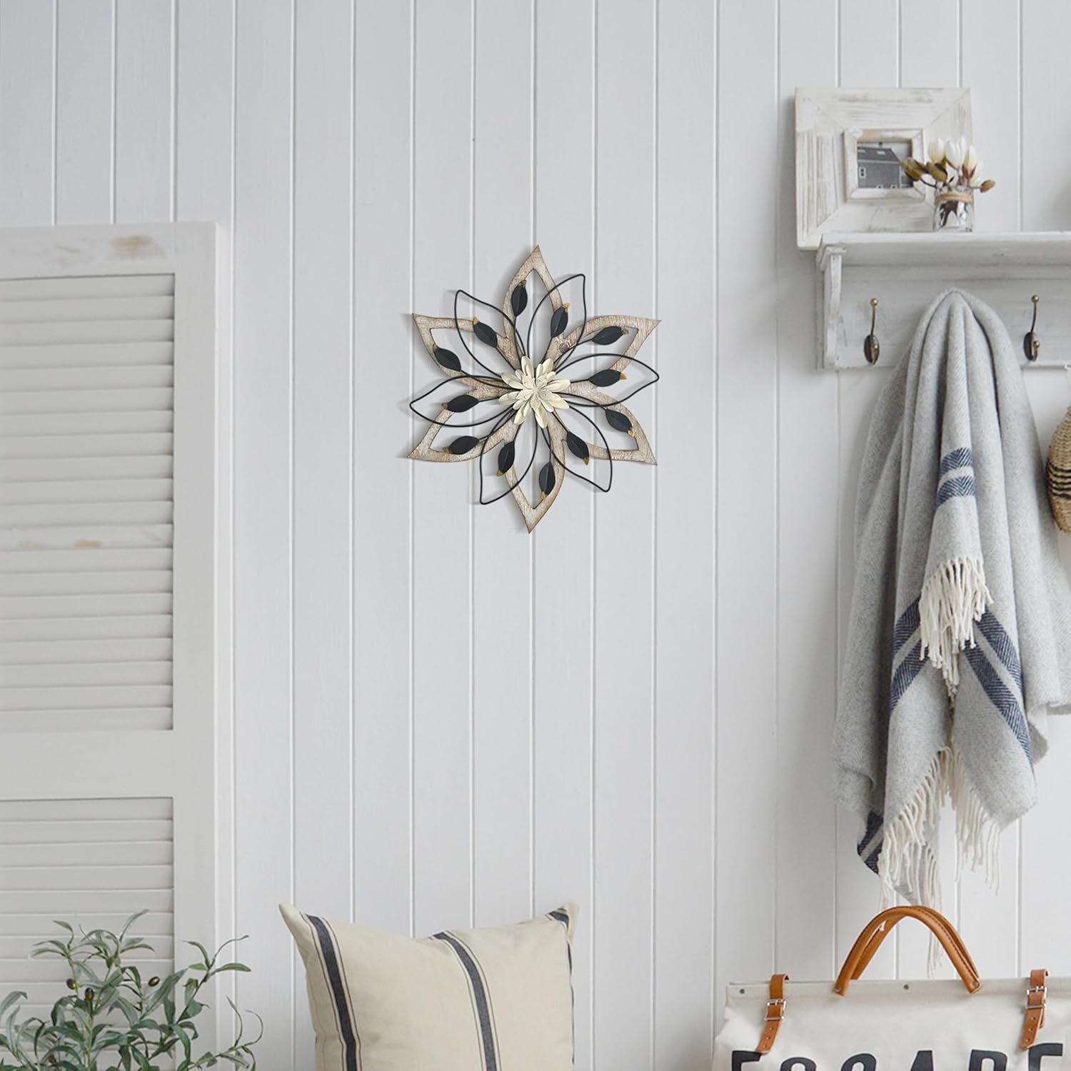 Remenna Whitewash Flowers Wood Wall Decor, Metal Rustic Wall Art Farmhouse Wall Decorations Multiple Floral Hanging Decor for Bathroom Living Room Home Office Garden Kitchen - Image 8