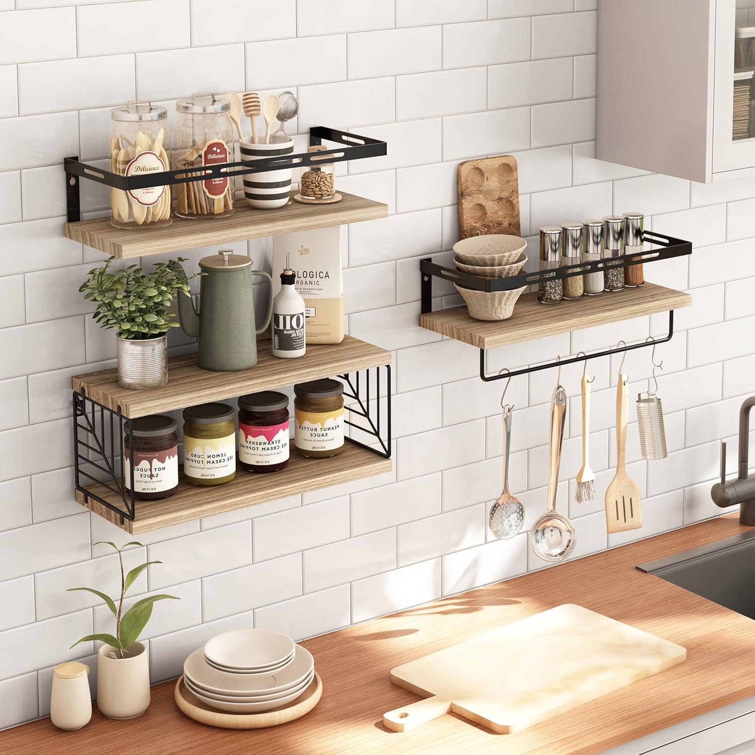 Fixwal 3+1 Bathroom Shelves Over Toilet, Floating Shelves Wall Mounted with Metal Frame and Towel Bar for Bathroom, Kitchen, Bedroom, Living Room (Rustic Brown) - Image 7