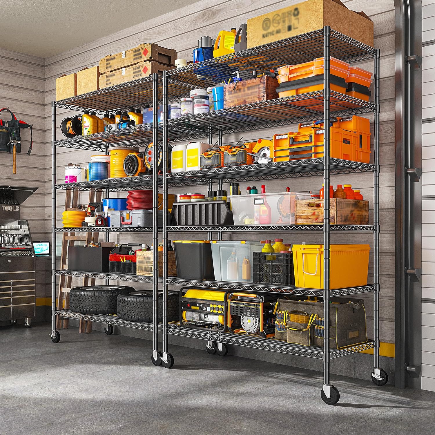 82" H X45 W X18 D Storage Shelves with Wheels, 6 Tier Wire Shelving Adjustable Metal Shelving Pantry Shelves Capacity 1200LBS for Garage Shelving, Pantry, Kitchen, Closet, Commercial, Black - Image 6