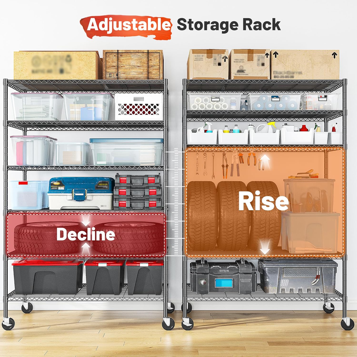 82" H X45 W X18 D Storage Shelves with Wheels, 6 Tier Wire Shelving Adjustable Metal Shelving Pantry Shelves Capacity 1200LBS for Garage Shelving, Pantry, Kitchen, Closet, Commercial, Black - Image 7