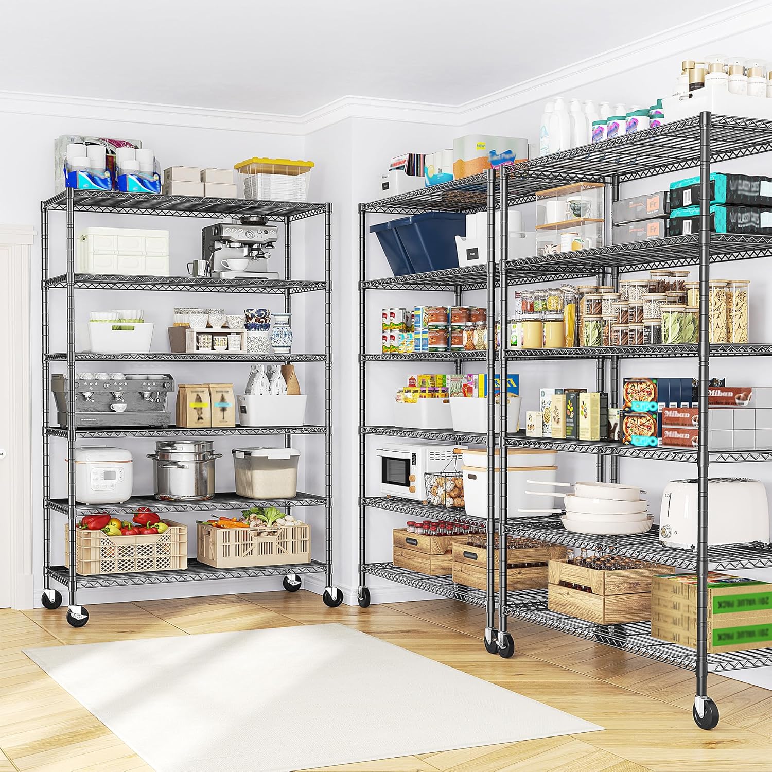 82" H X45 W X18 D Storage Shelves with Wheels, 6 Tier Wire Shelving Adjustable Metal Shelving Pantry Shelves Capacity 1200LBS for Garage Shelving, Pantry, Kitchen, Closet, Commercial, Black - Image 4