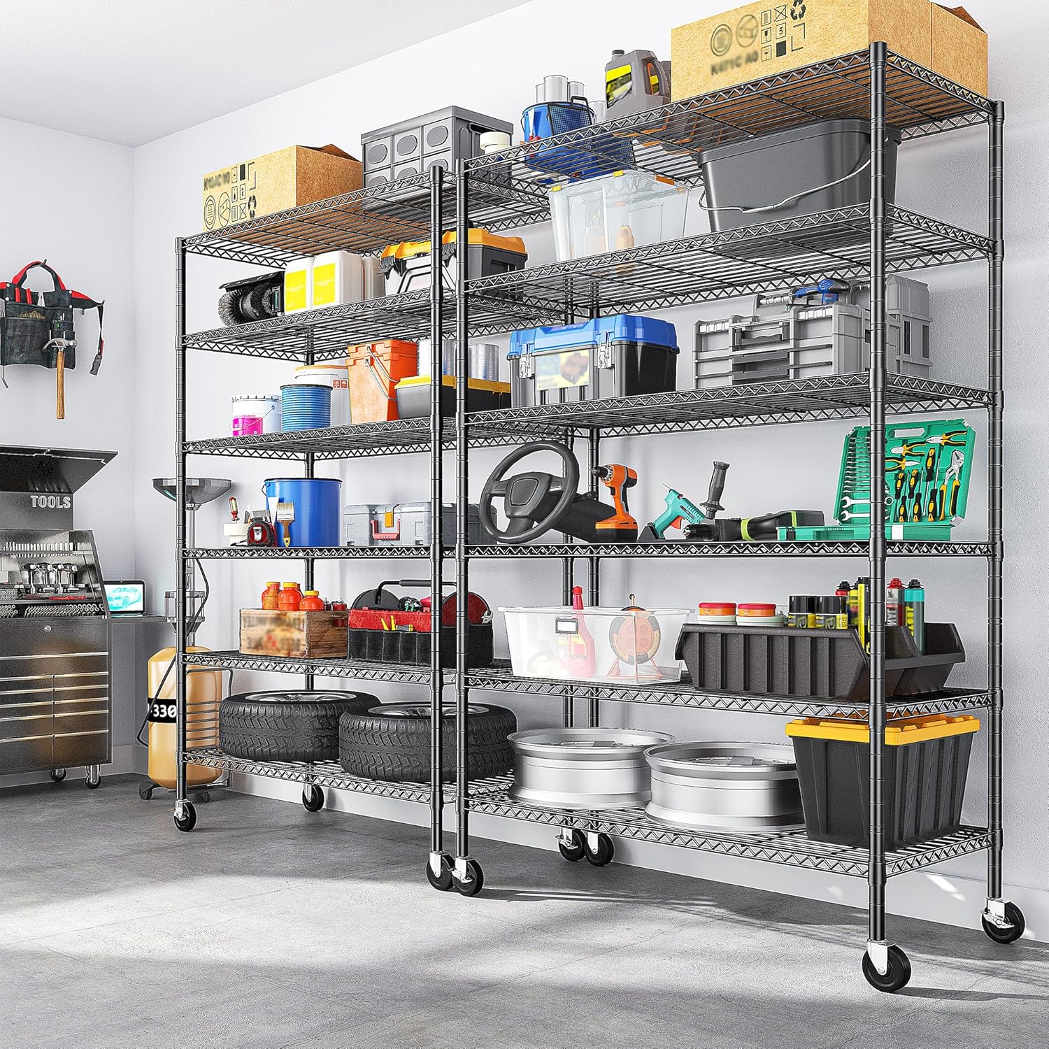 82" H X45 W X18 D Storage Shelves with Wheels, 6 Tier Wire Shelving Adjustable Metal Shelving Pantry Shelves Capacity 1200LBS for Garage Shelving, Pantry, Kitchen, Closet, Commercial, Black - Image 9