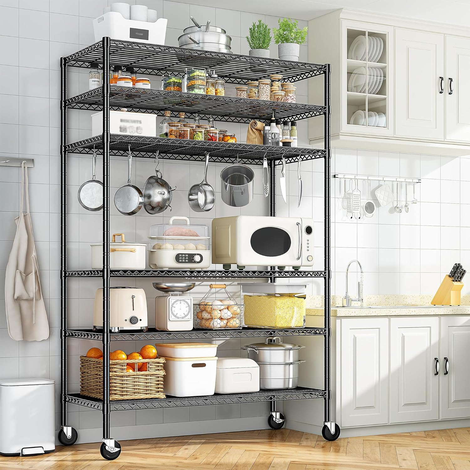 82" H X45 W X18 D Storage Shelves with Wheels, 6 Tier Wire Shelving Adjustable Metal Shelving Pantry Shelves Capacity 1200LBS for Garage Shelving, Pantry, Kitchen, Closet, Commercial, Black - Image 2