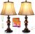 Touch Control Traditional Table Lamp Set of 2, Vintage Bedside Lamps with Dual USB Charging Ports, 3-Way Dimmable Bronze Finish Desk Lamps with Bell Shape Faux Silk Shade for Living Room, Bedroom